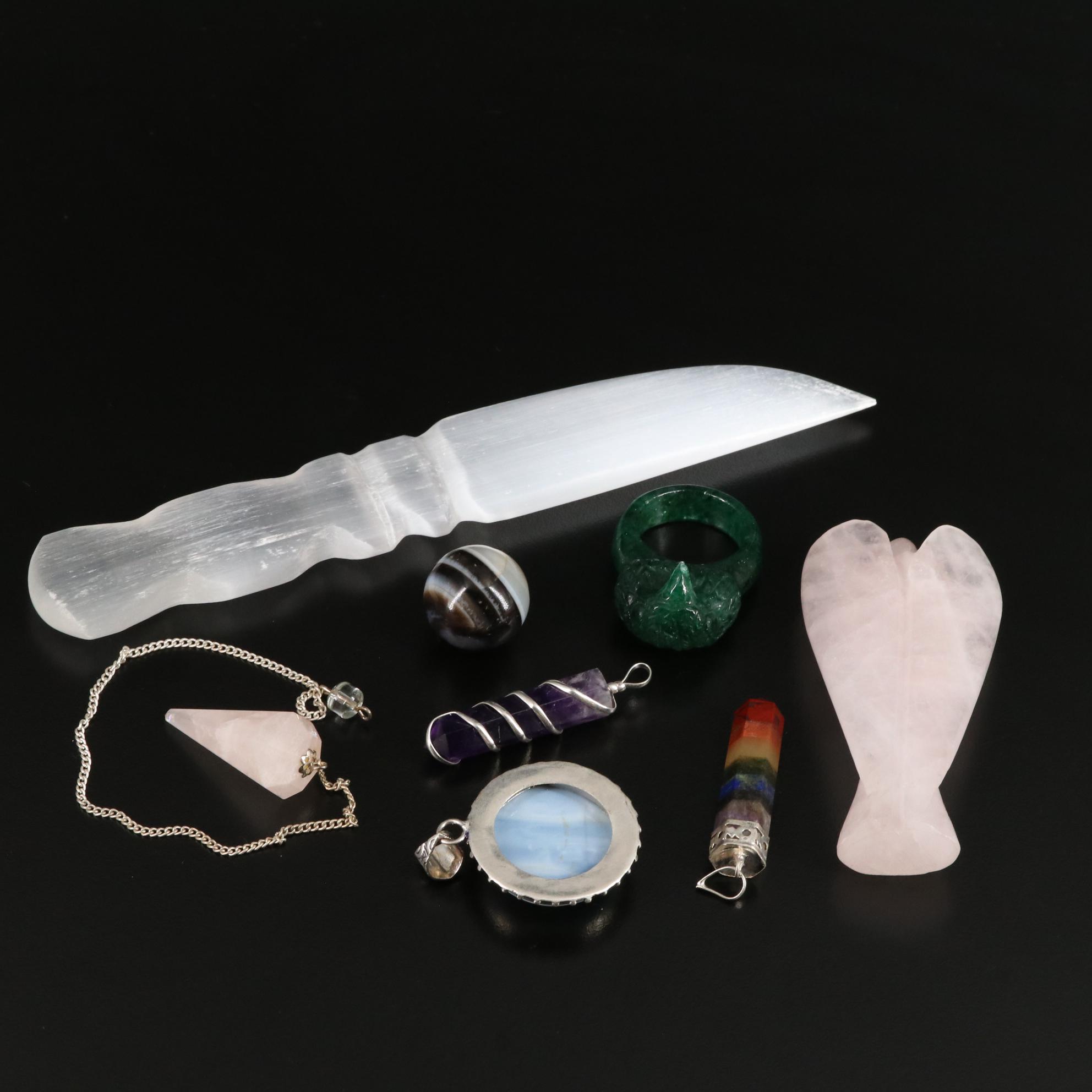 Selenite Letter Opener with Rose Quartz and Agate Pendants and Figurine