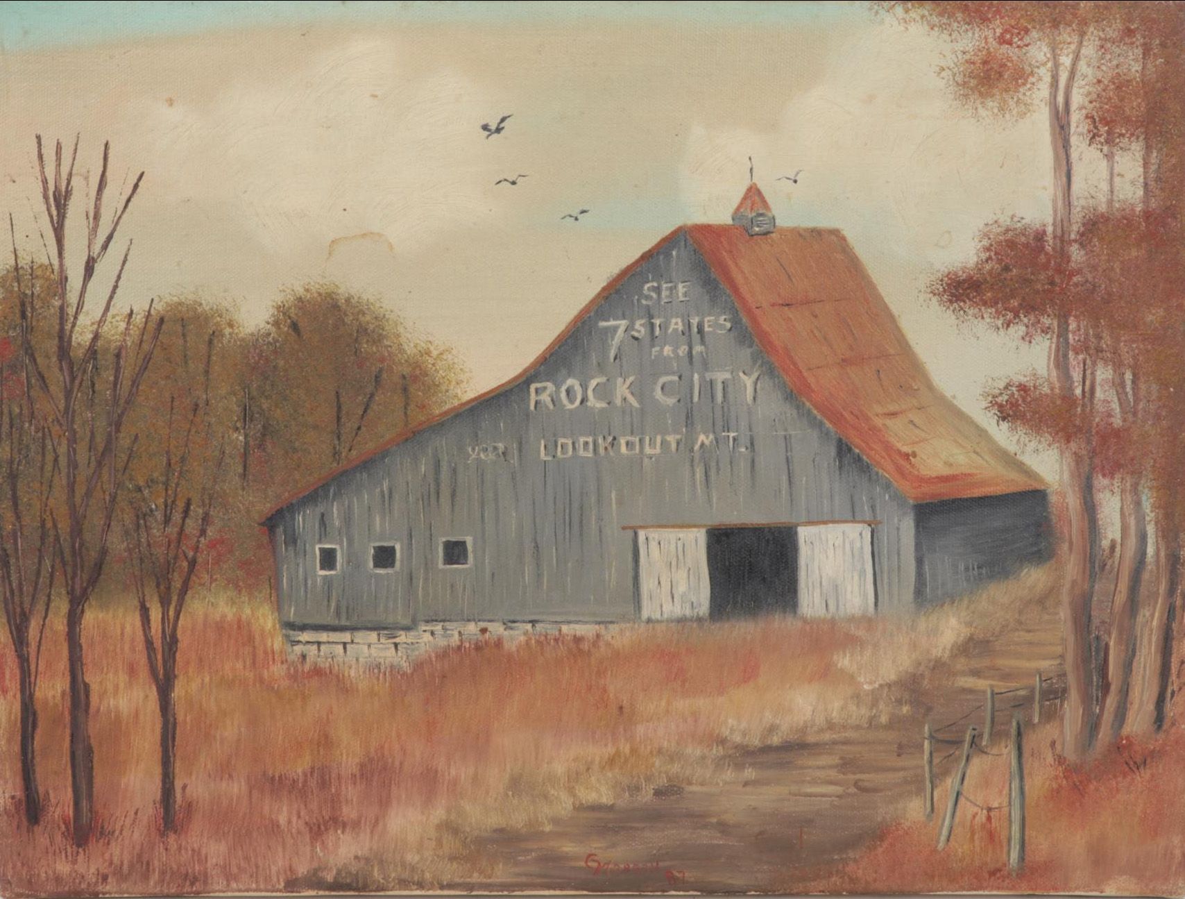 G. Morgan Oil Painting of Rock City Barn Advertisement, 1987
