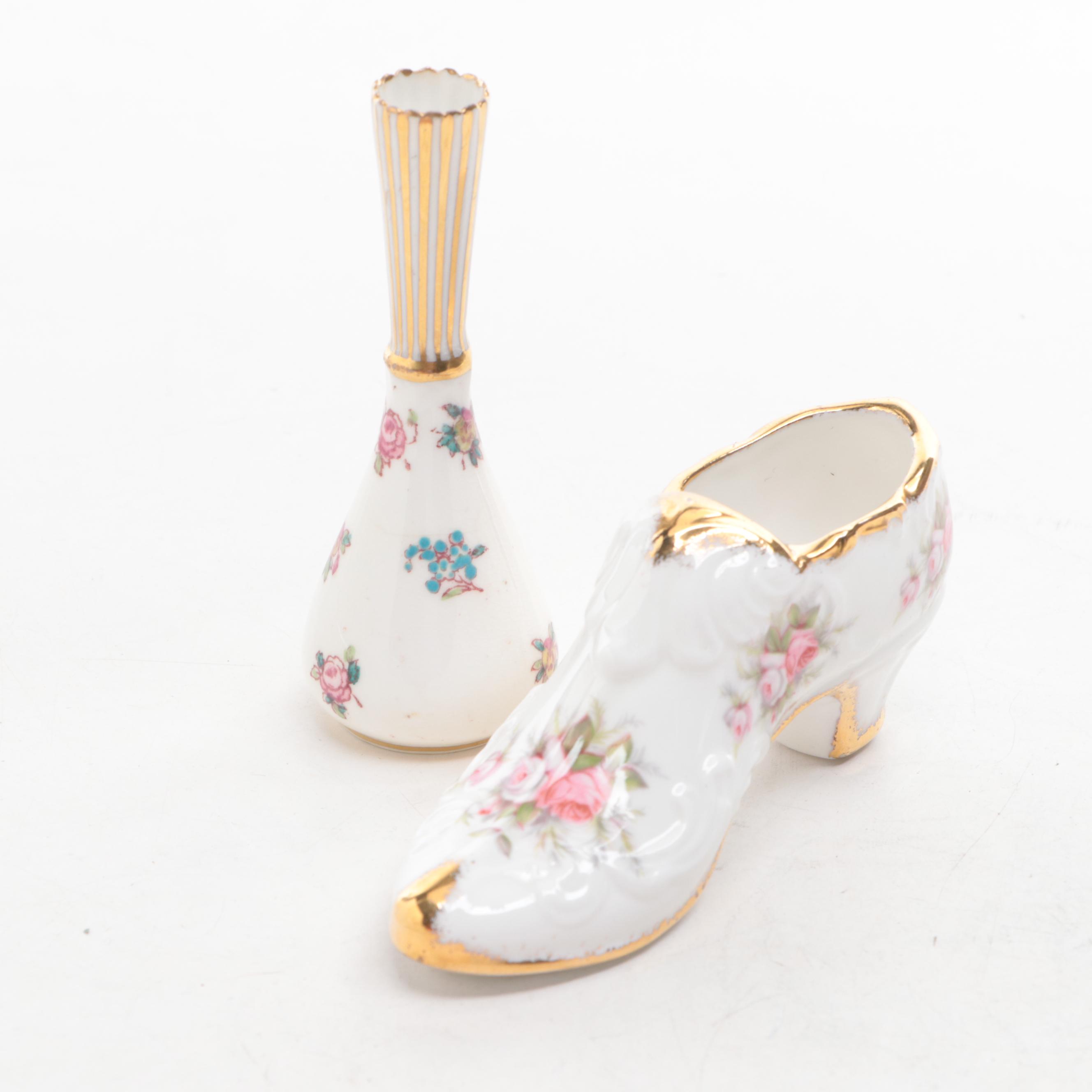 Crown Staffordshire Bud Vase with White House Christmas Ornament and Other Decor