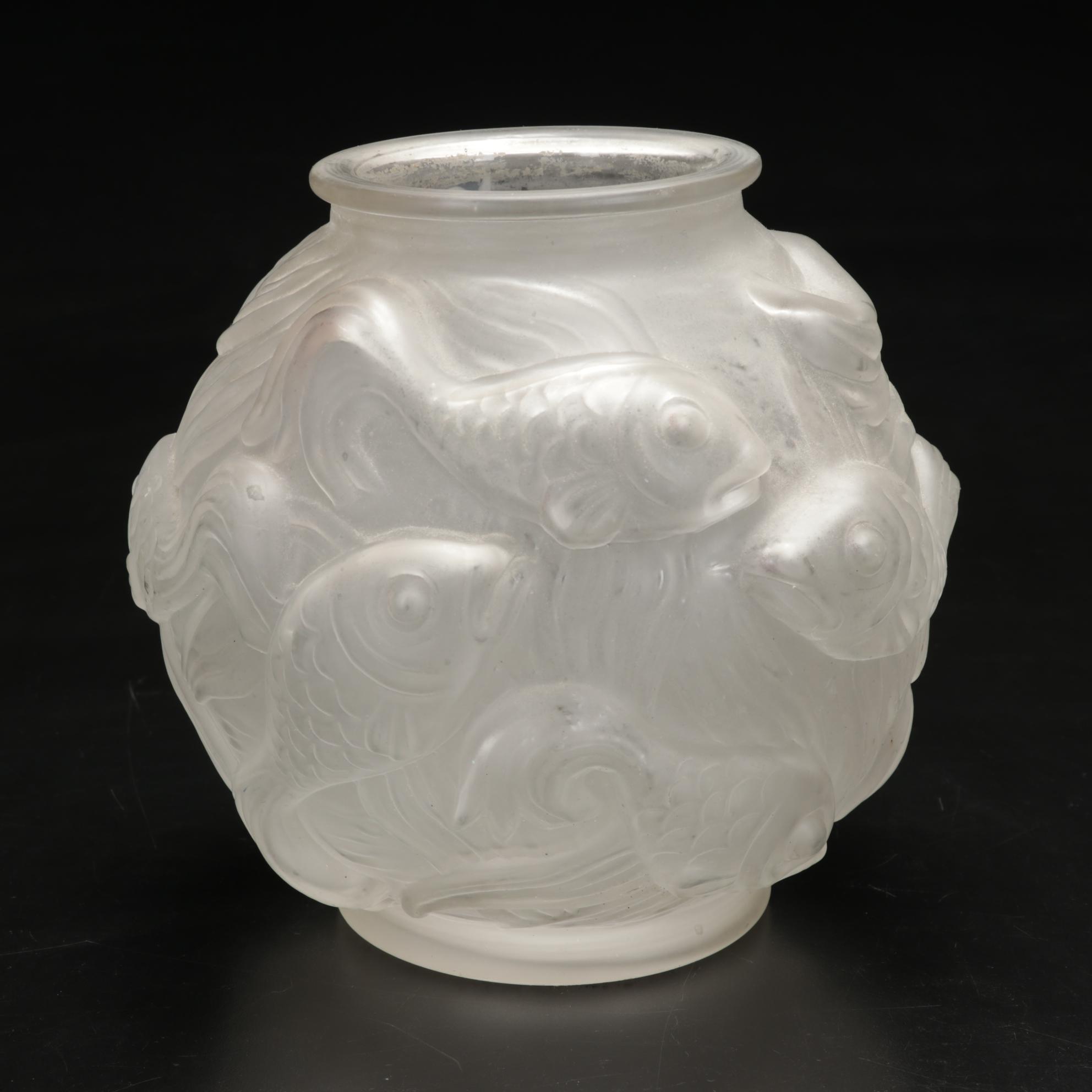 Josef Inwald, Barolac Art Deco Satined Fish-Motif Vase with Other Glass Bowls