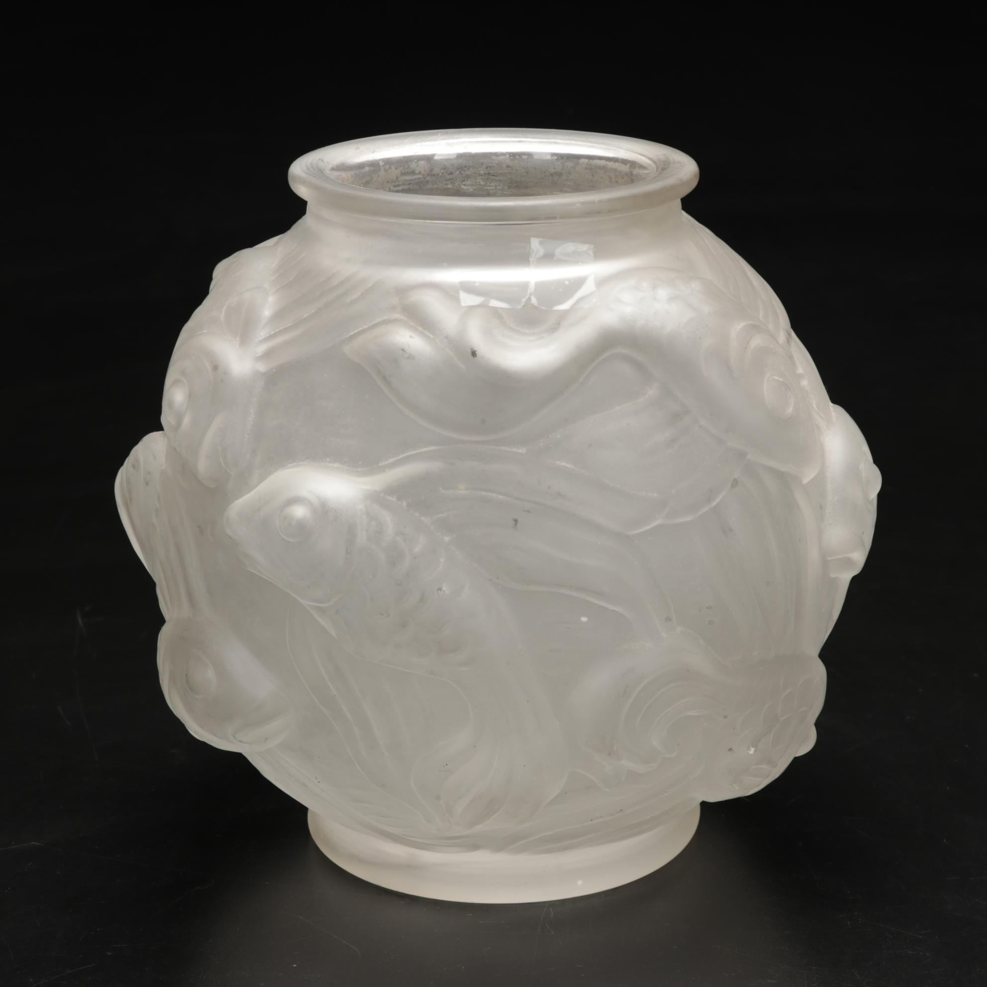 Josef Inwald, Barolac Art Deco Satined Fish-Motif Vase with Other Glass Bowls