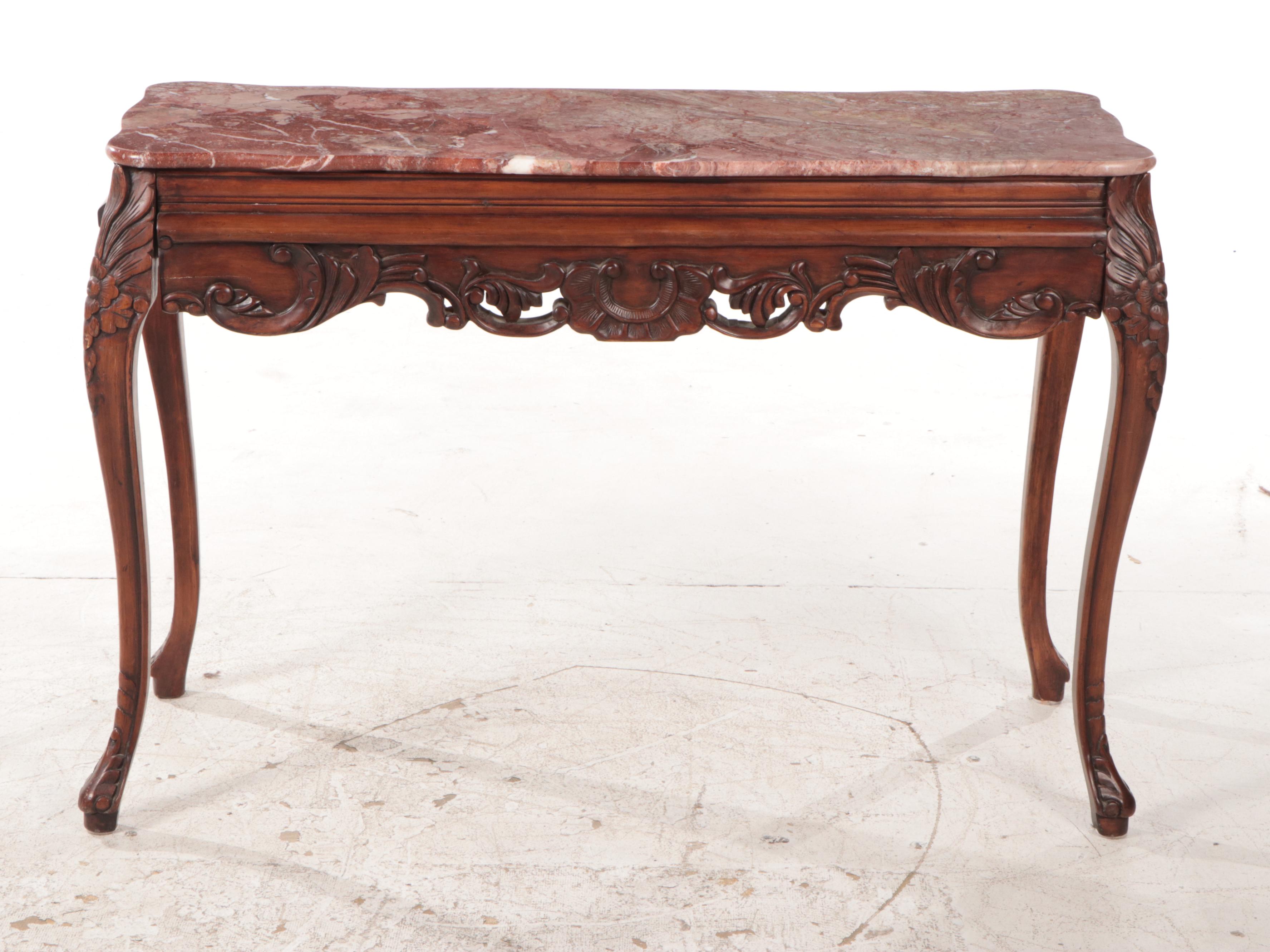 Louis XV Style Carved Hardwood and Marble Top Console Table