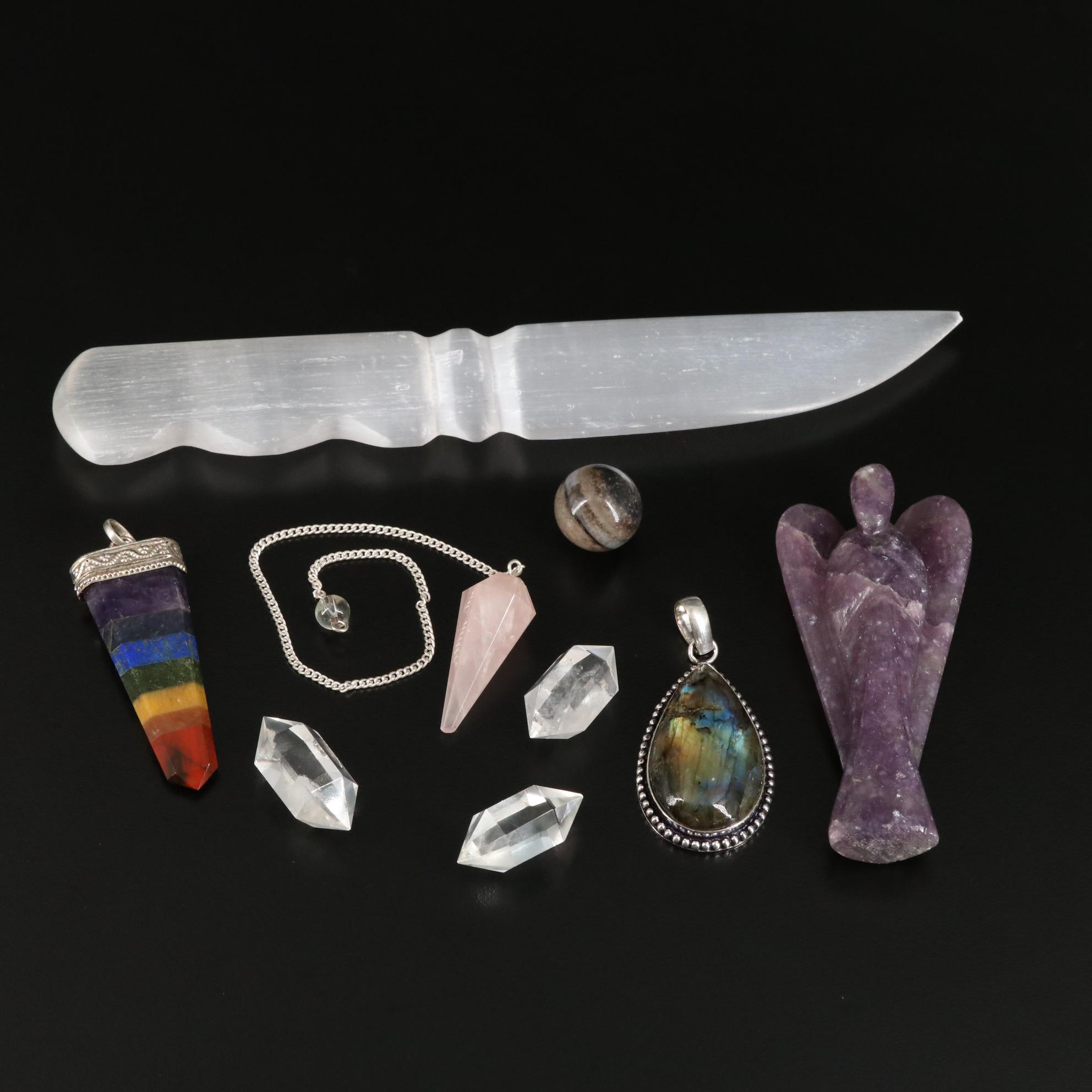 Carved Polished Selenite Letter Opener with Faceted Crystals and Pendants