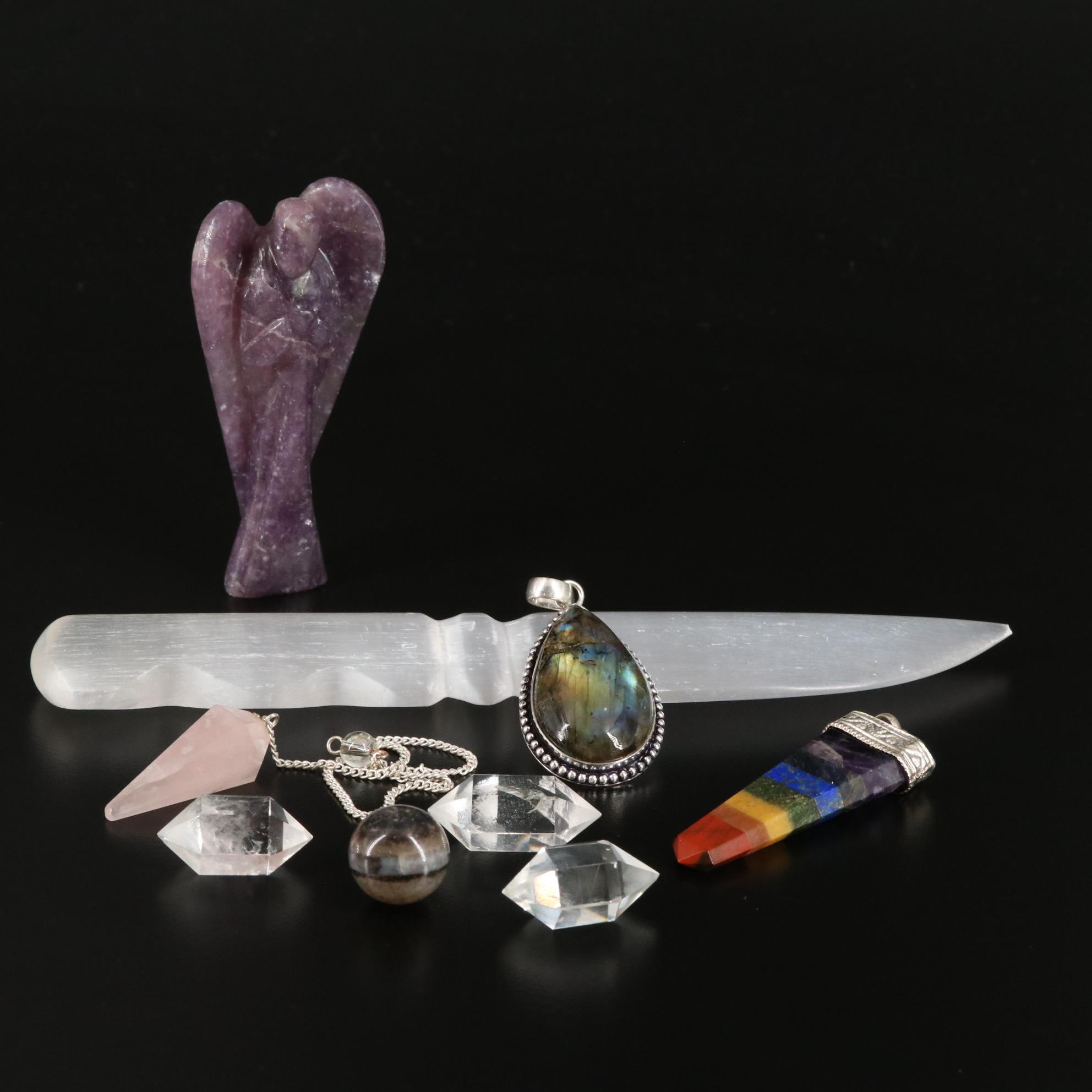 Carved Polished Selenite Letter Opener with Faceted Crystals and Pendants