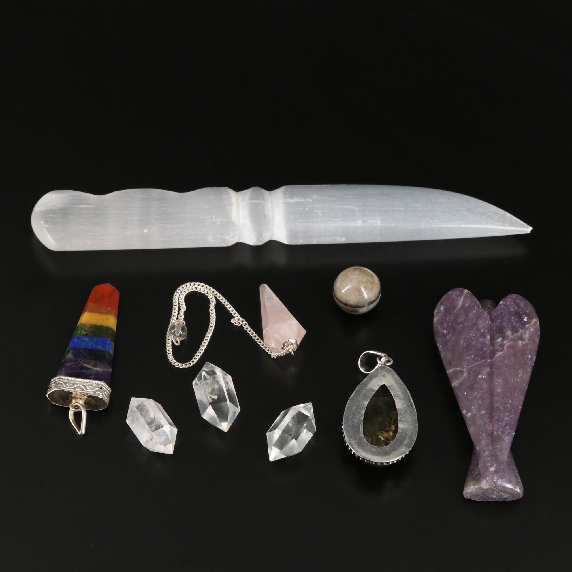 Carved Polished Selenite Letter Opener with Faceted Crystals and Pendants