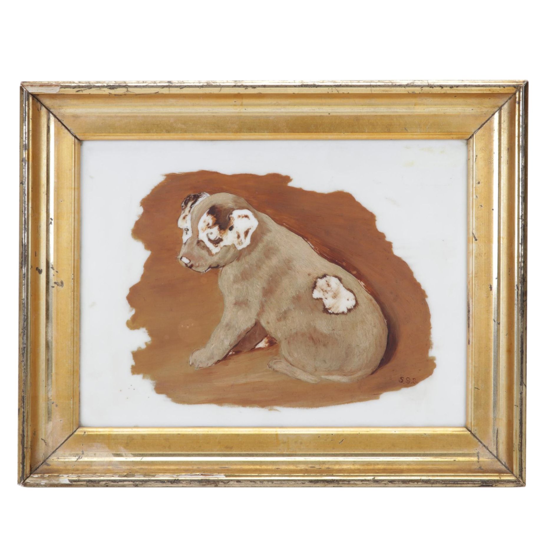 Oil Painting on Porcelain Tile of Puppy, Circa 1900