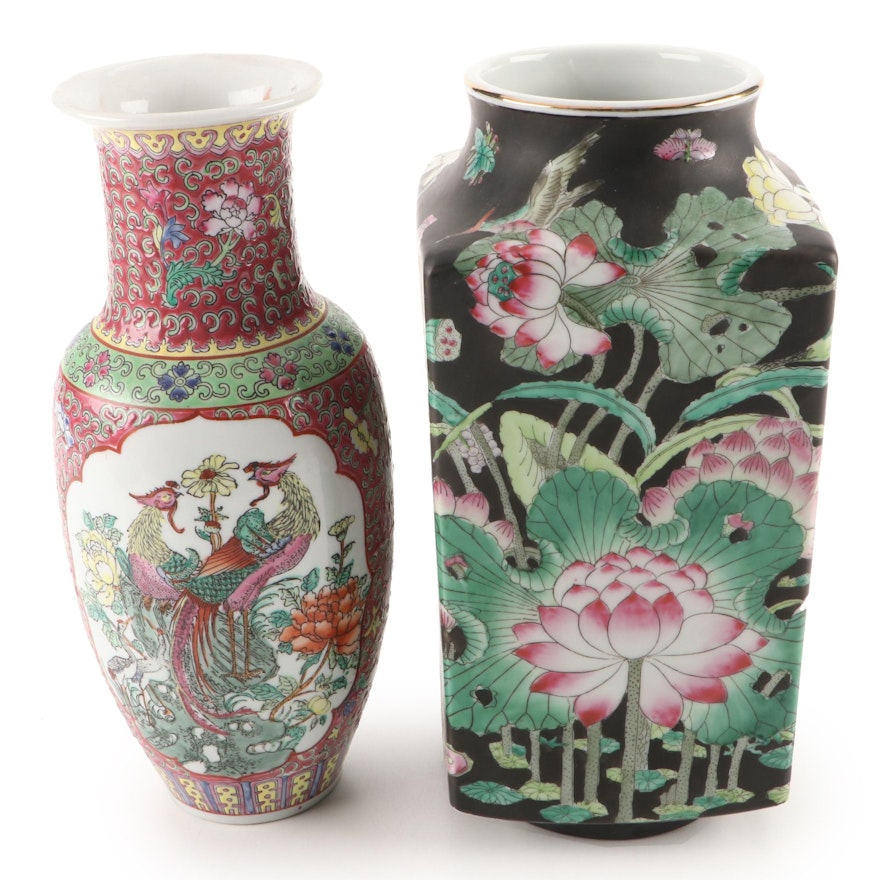 Chinese Famille Noire Porcelain Cong Vase with Macau Enameled Vase