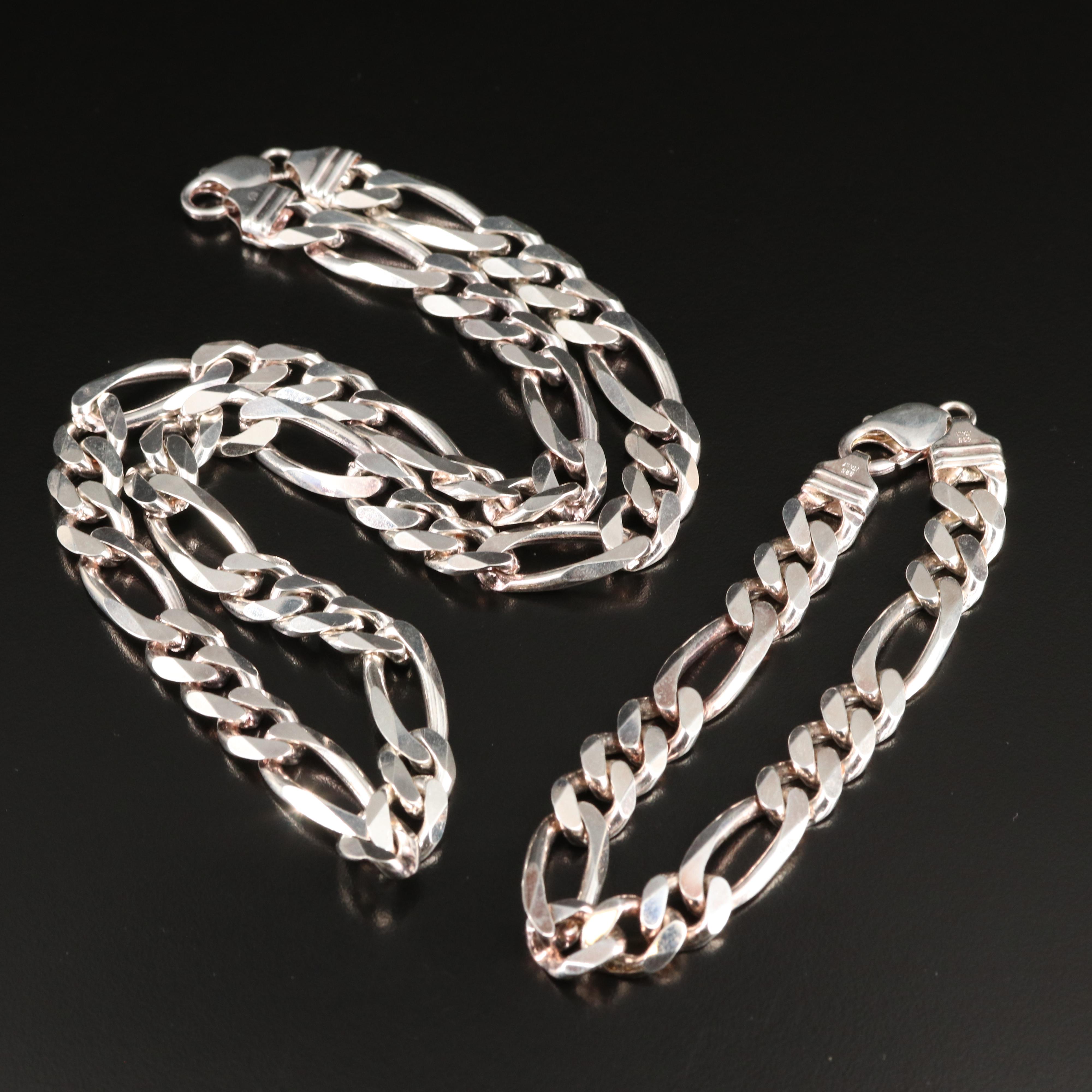Italian Sterling Figaro Chain Necklace and Bracelet