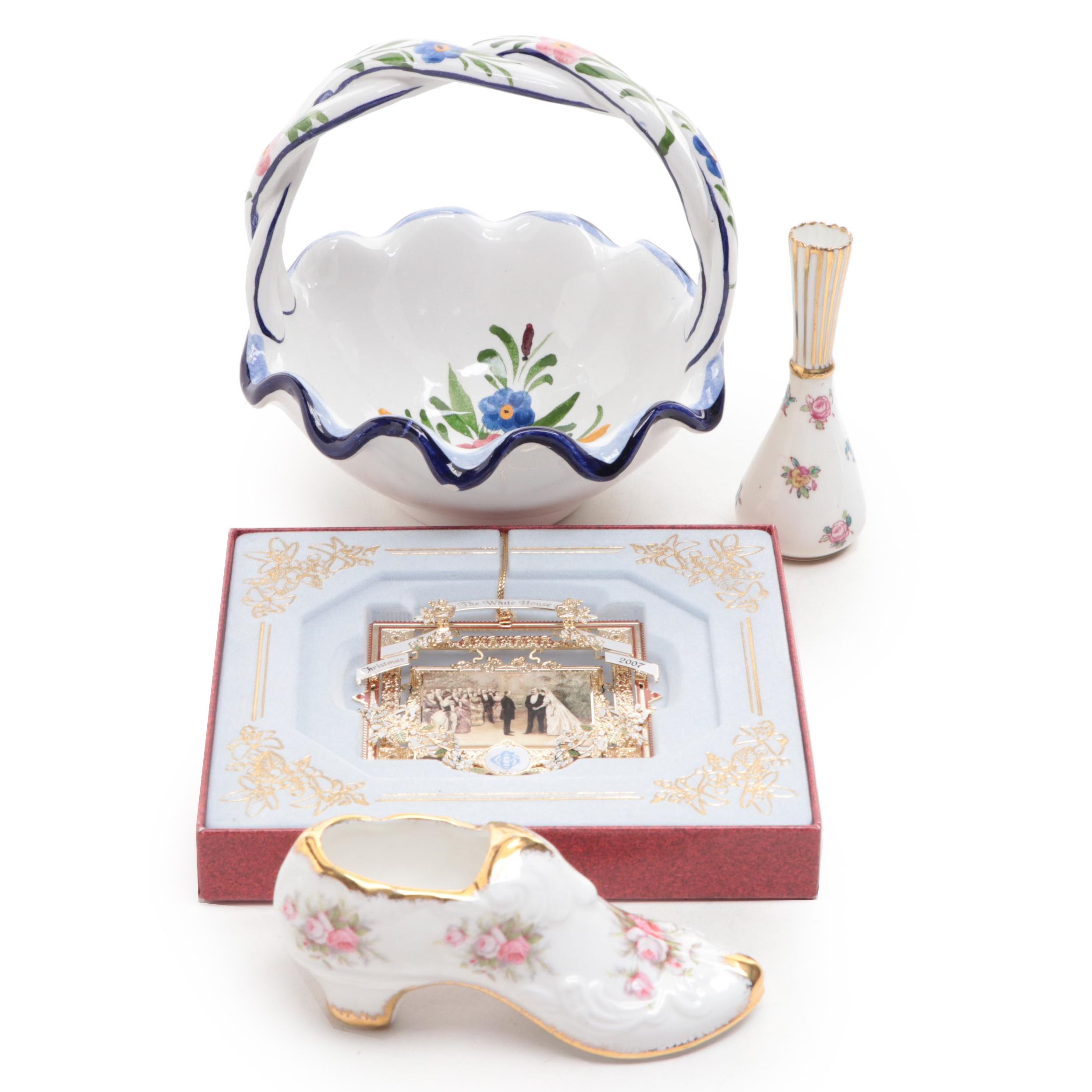 Crown Staffordshire Bud Vase with White House Christmas Ornament and Other Decor