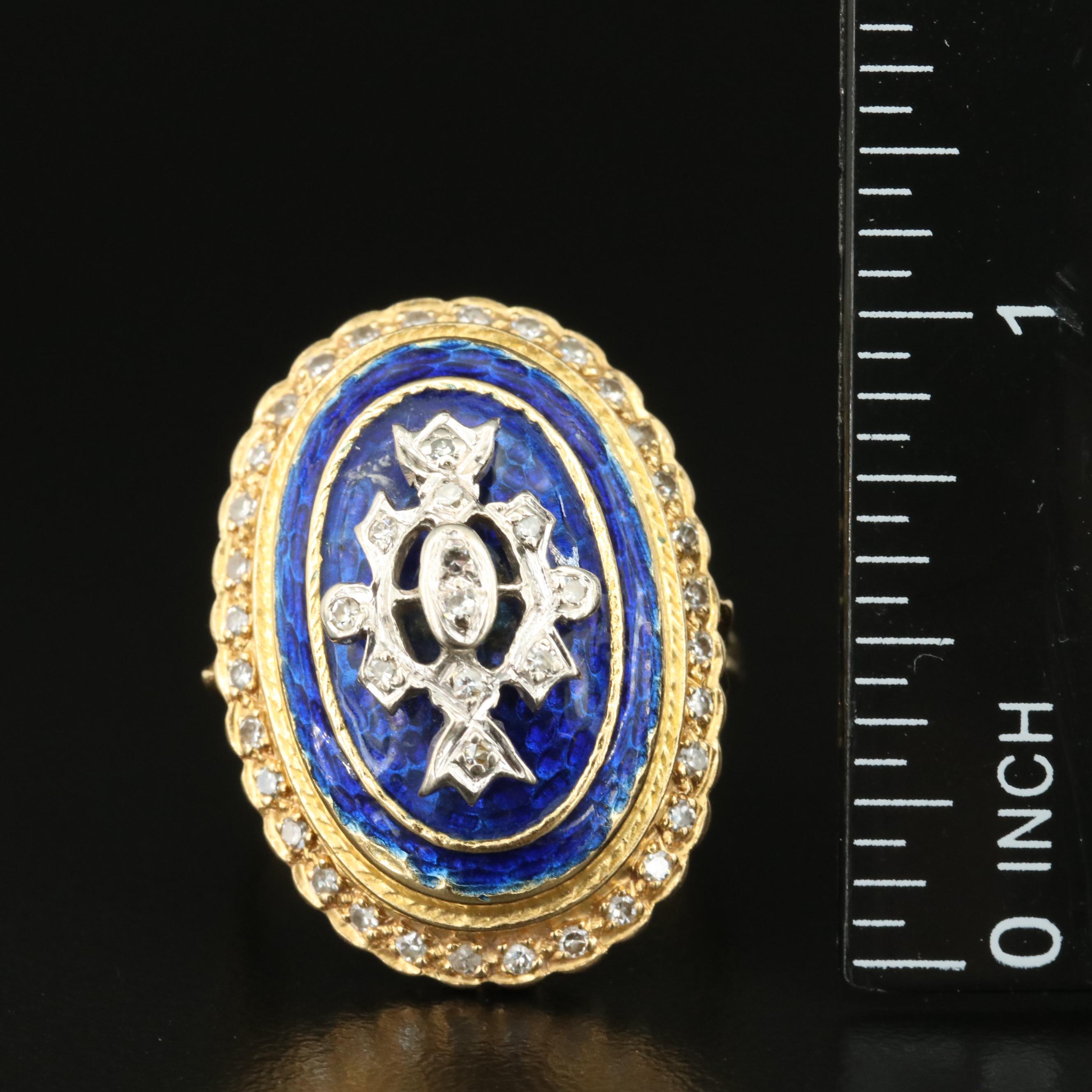 Vintage 18K Diamond and Enamel Ring with Fleur-de-Lis Detail