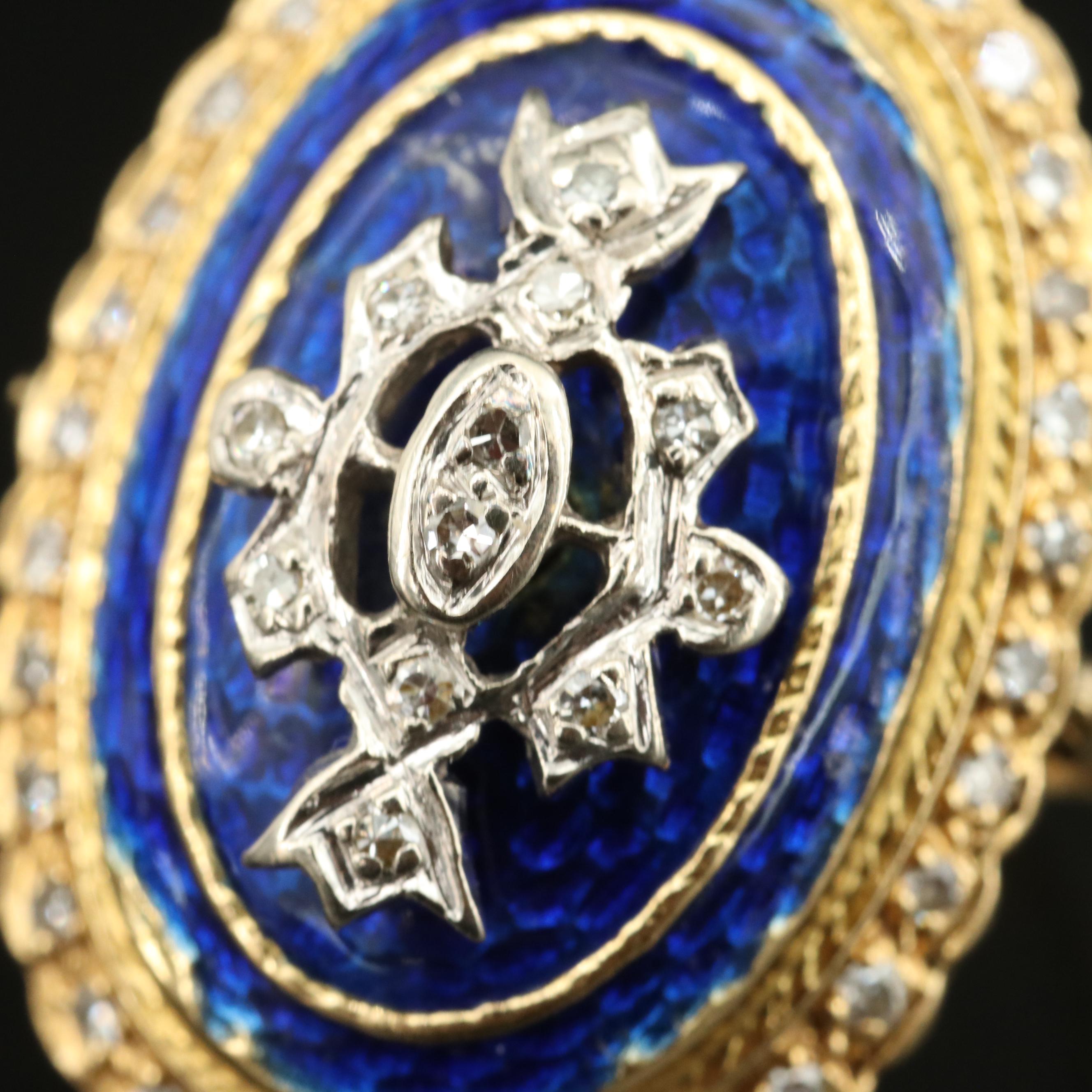 Vintage 18K Diamond and Enamel Ring with Fleur-de-Lis Detail