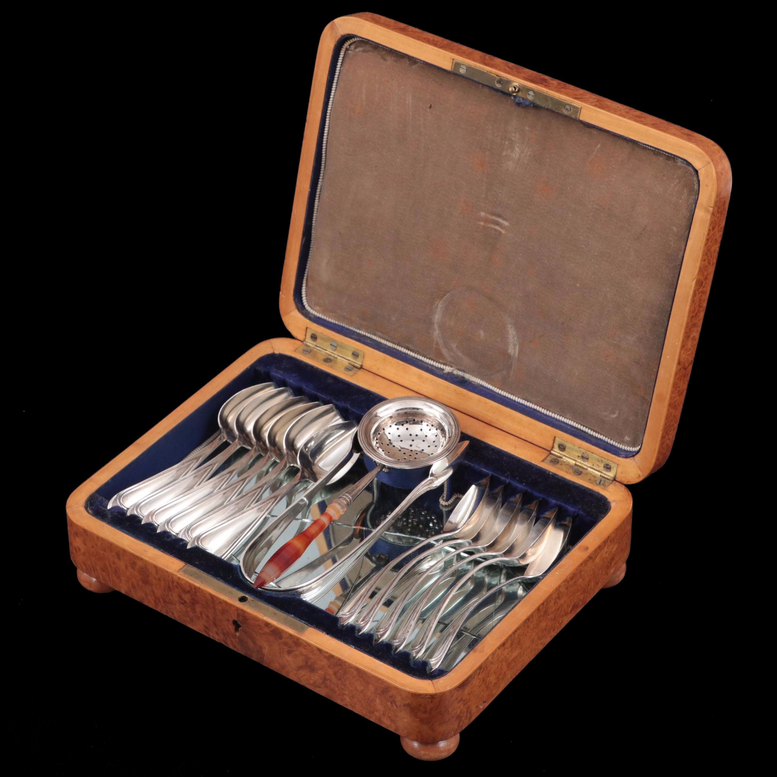 Dutch 833 Silver Demitasse Spoons with Strainer and Tongs in Burl Wood Case