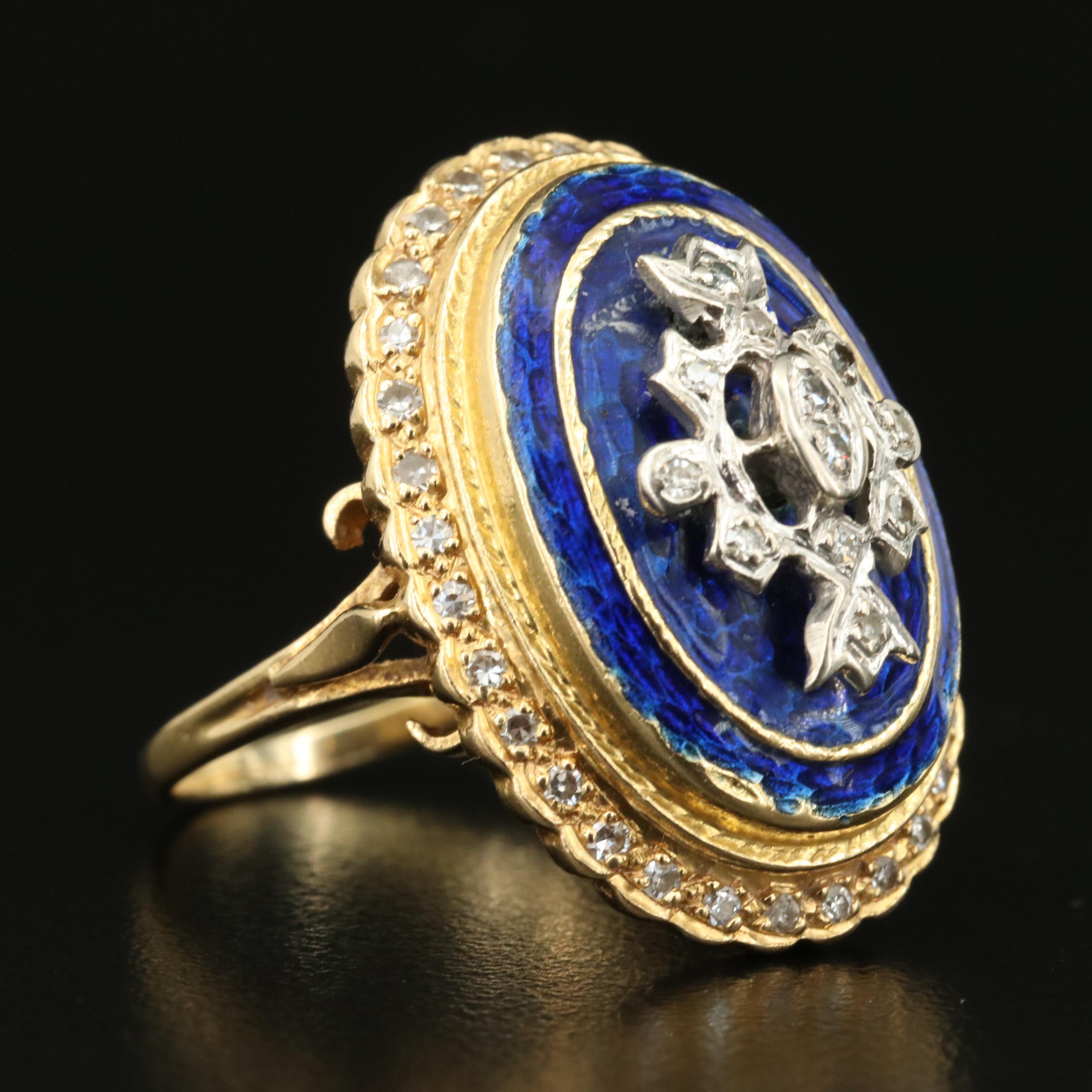 Vintage 18K Diamond and Enamel Ring with Fleur-de-Lis Detail
