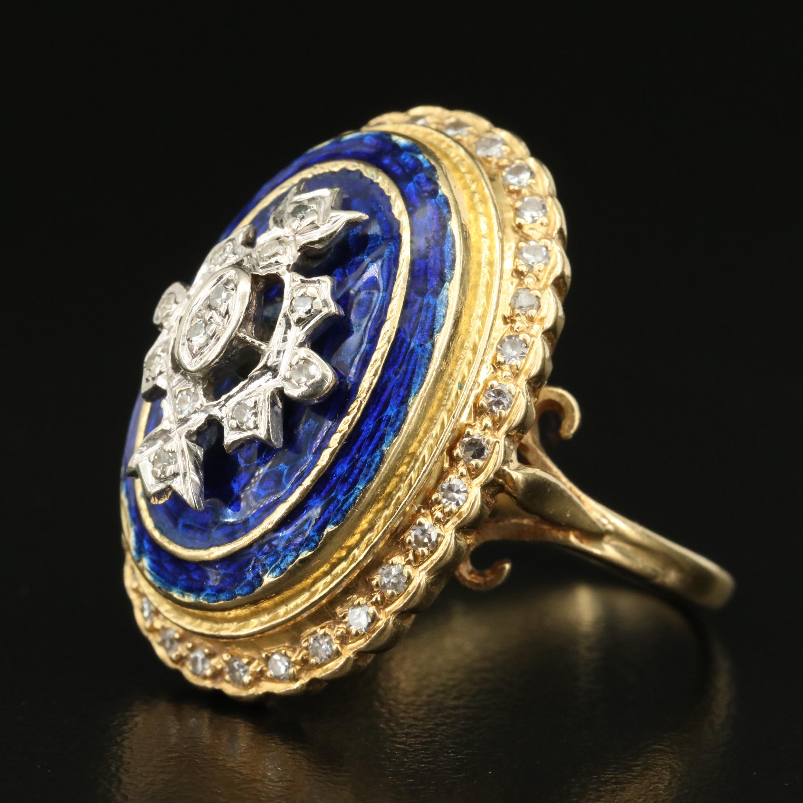 Vintage 18K Diamond and Enamel Ring with Fleur-de-Lis Detail