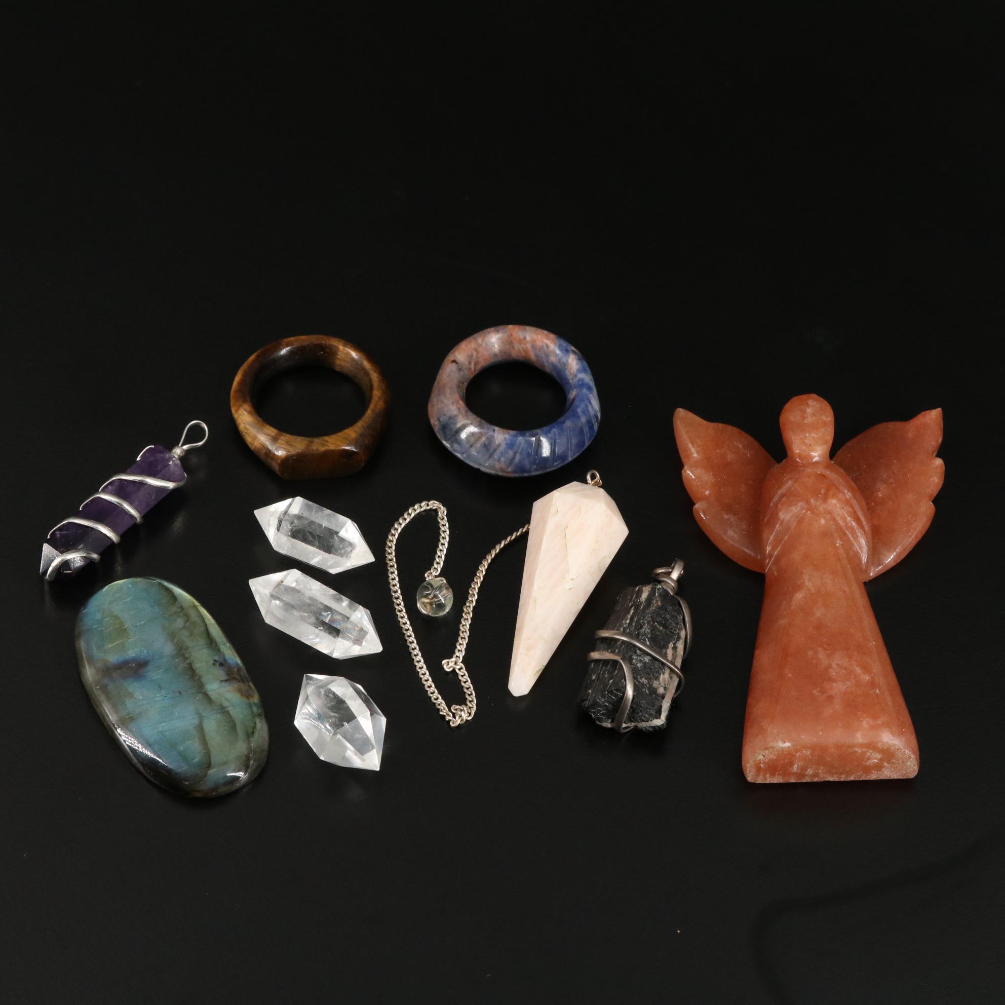 Carved and Polished Quartz, Labradorite, and Shorl Figurine and Jewelry