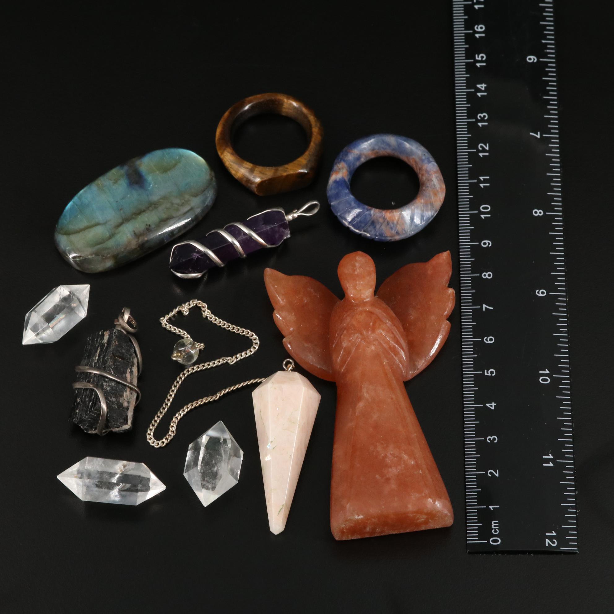 Carved and Polished Quartz, Labradorite, and Shorl Figurine and Jewelry