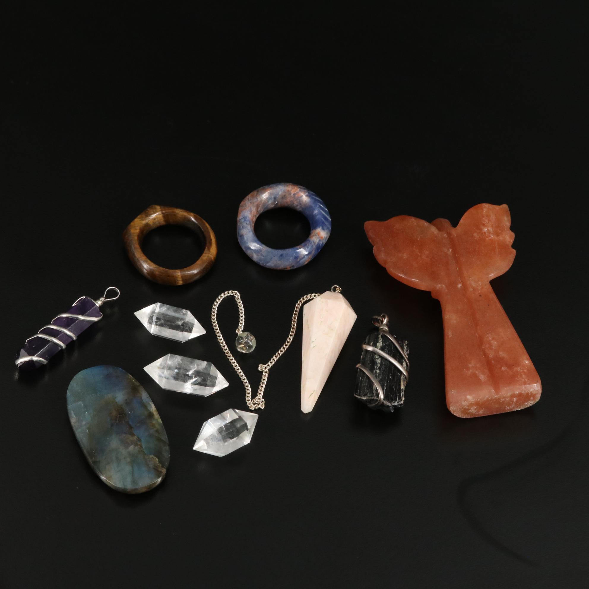 Carved and Polished Quartz, Labradorite, and Shorl Figurine and Jewelry