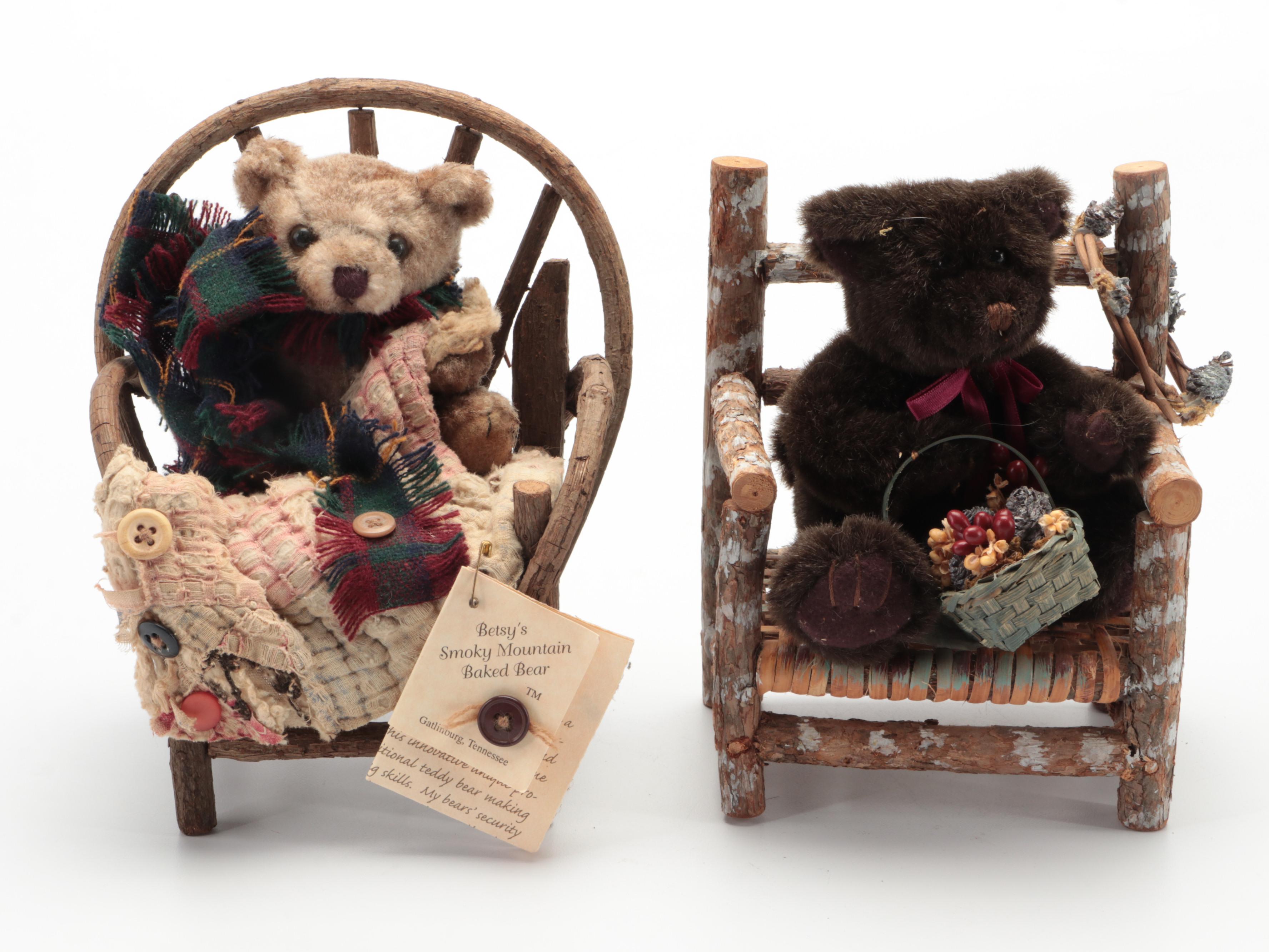 Betsy's Smoky Mountain Baked Bears in Branch Chairs with Plush Cat Doll