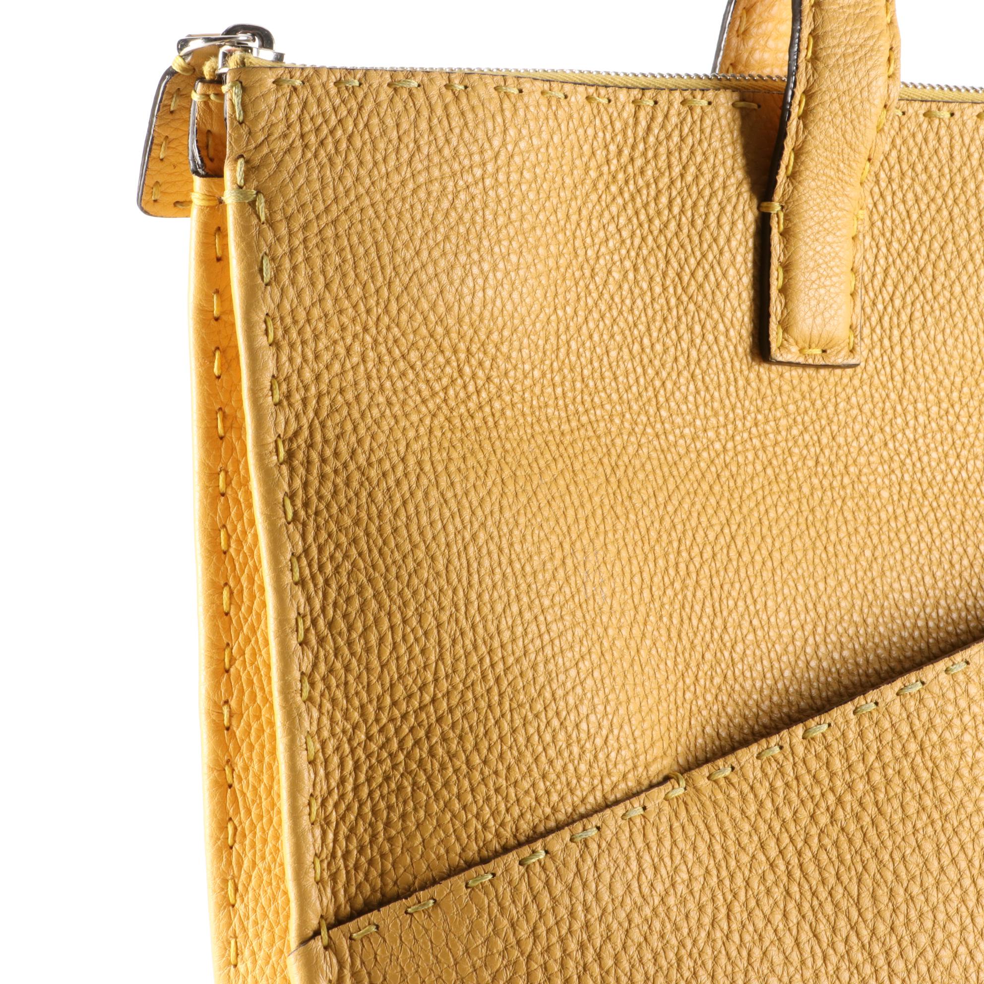 Fendi Selleria Zip Top Briefcase in Yellow Grained Leather with Pouch