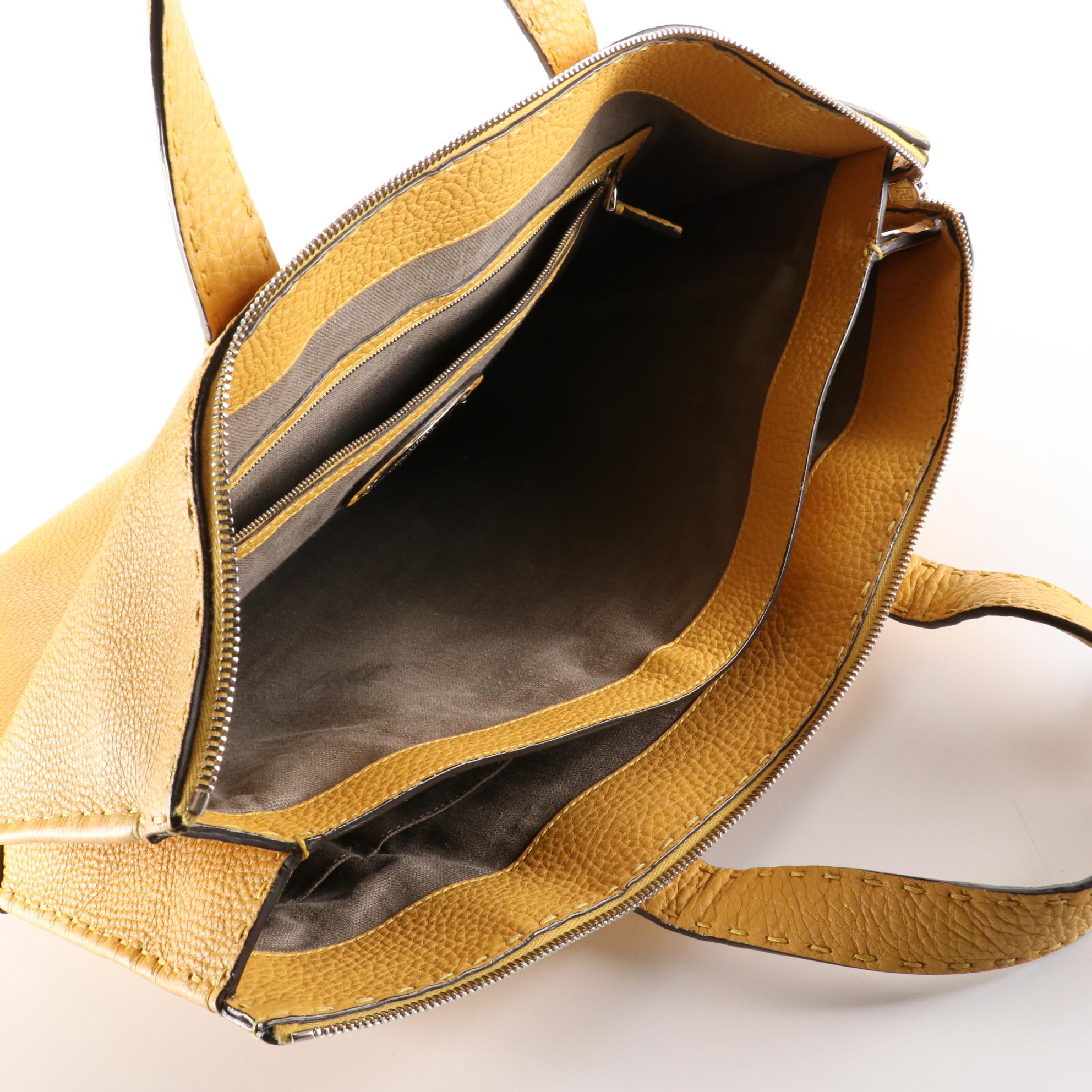 Fendi Selleria Zip Top Briefcase in Yellow Grained Leather with Pouch