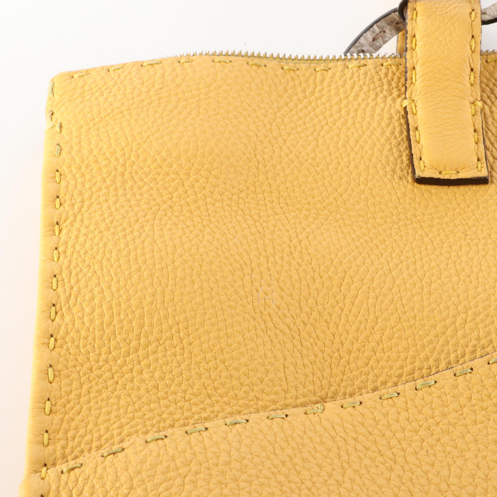 Fendi Selleria Zip Top Briefcase in Yellow Grained Leather with Pouch