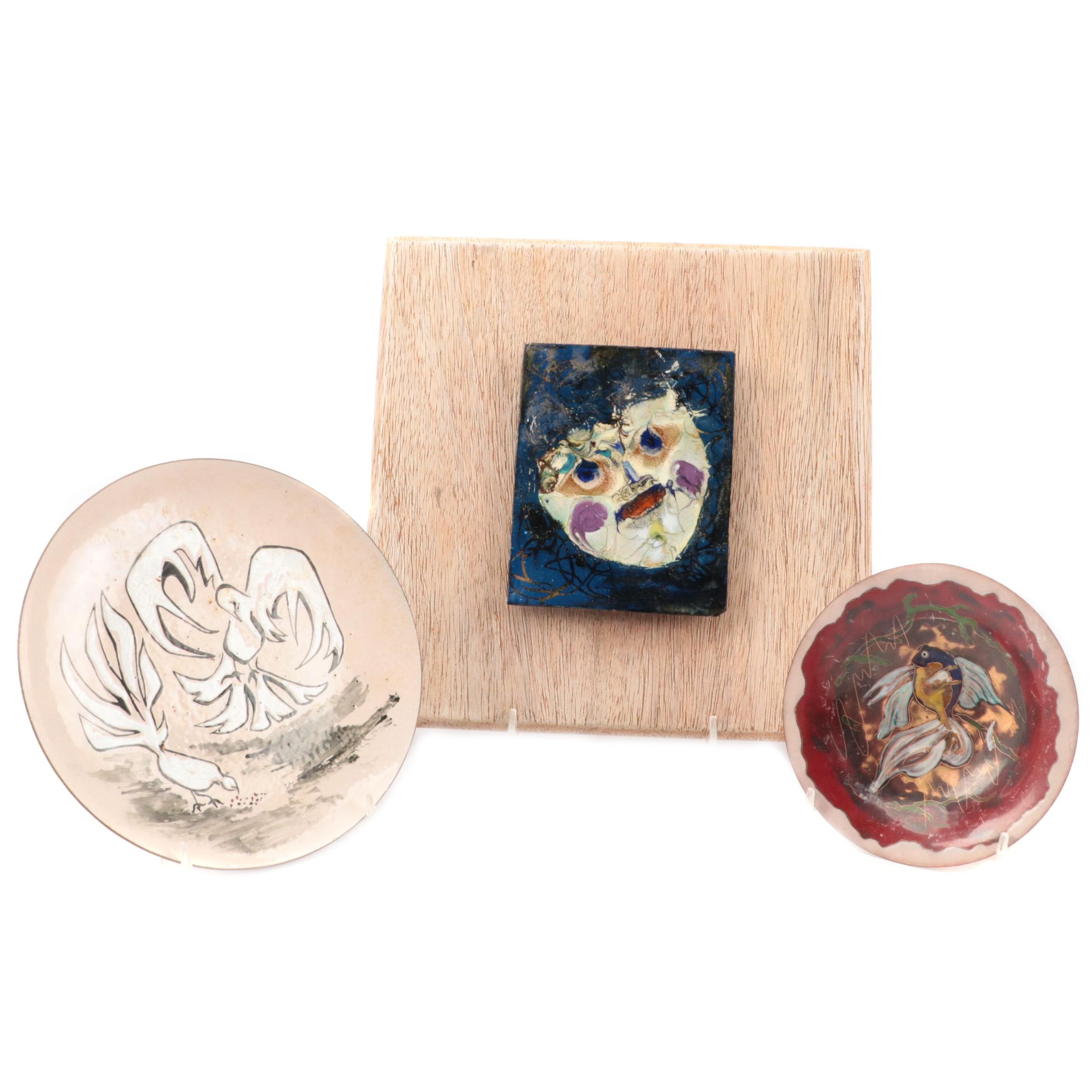 Artist Signed Hand-Painted Enameled Metal Dishes and Wall Plaque