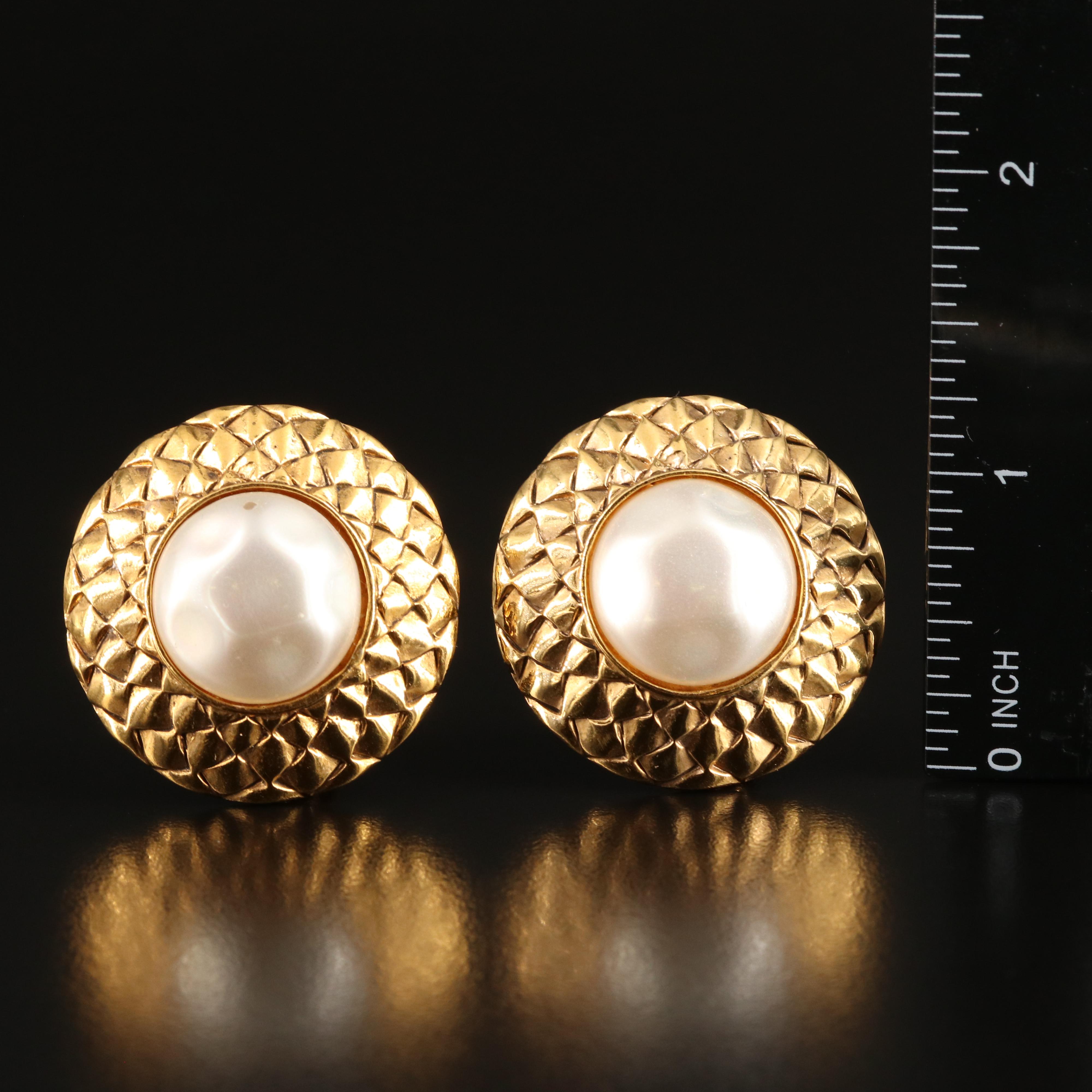 Chanel Quilted Faux Pearl Button Earrings