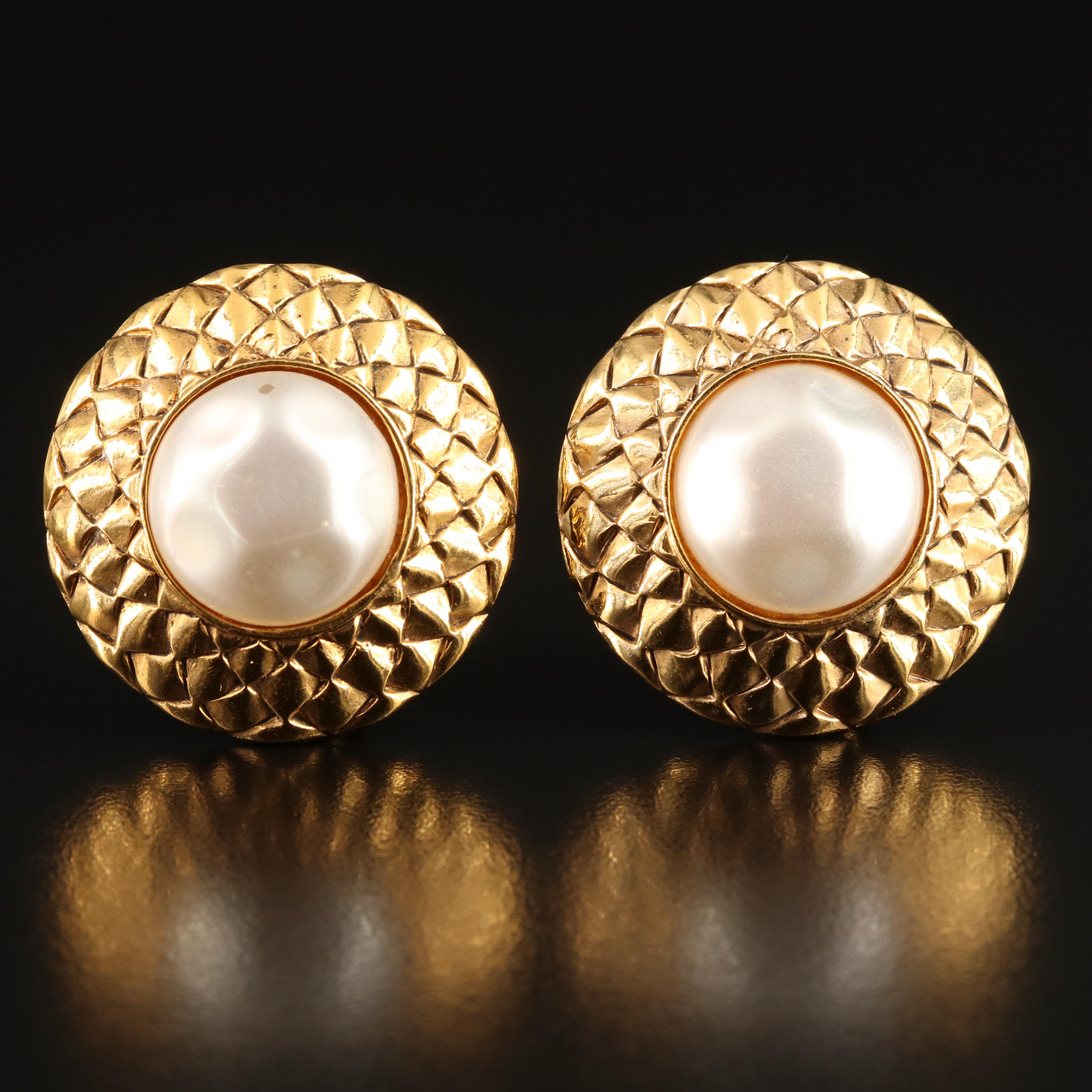 Chanel Quilted Faux Pearl Button Earrings