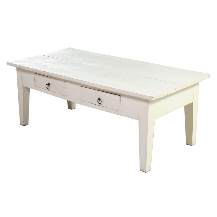 American Primitive Style White-Painted Two-Drawer Coffee Table