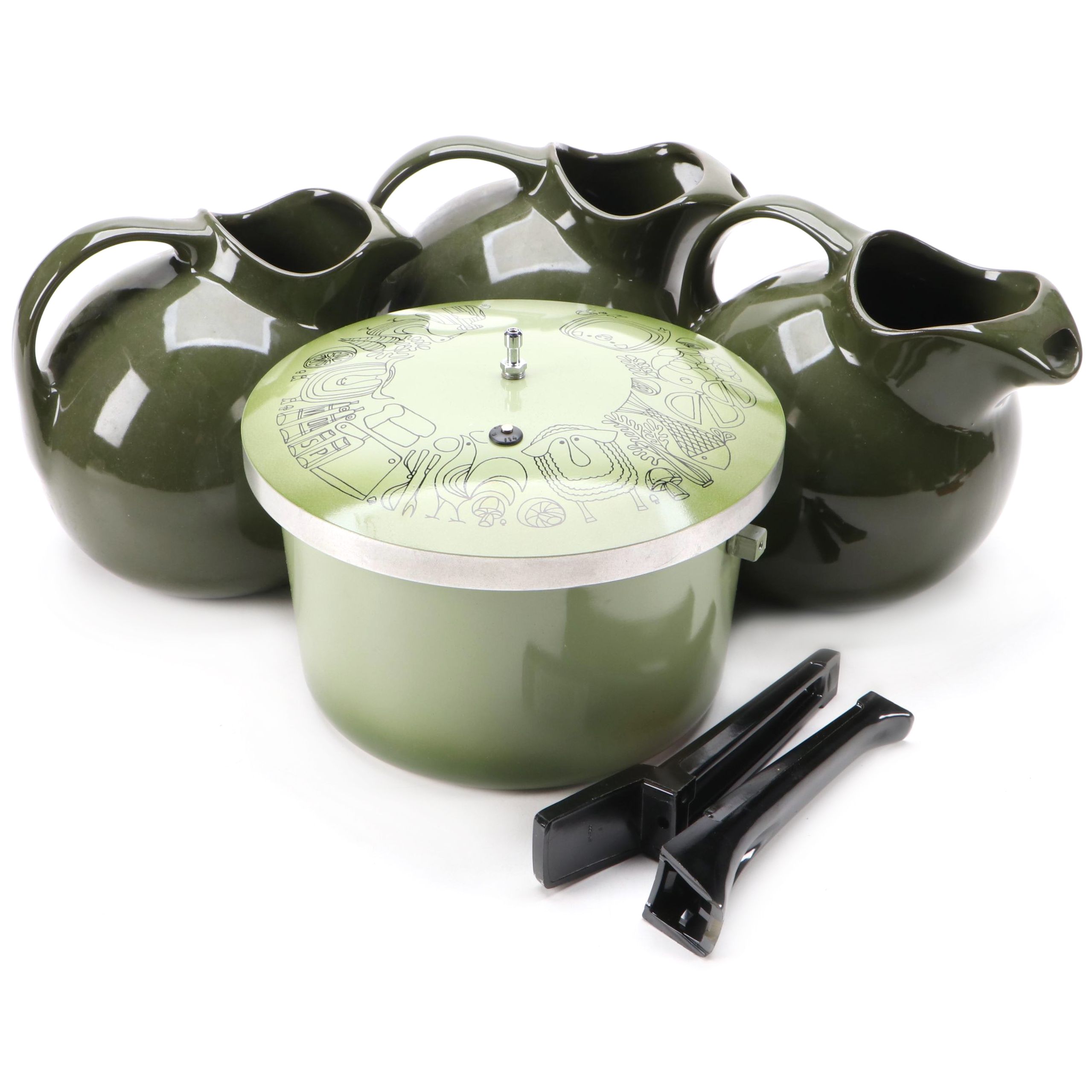 Hall Pottery Forest Green Ball Pitchers with Presto Aluminum Pressure Cooker