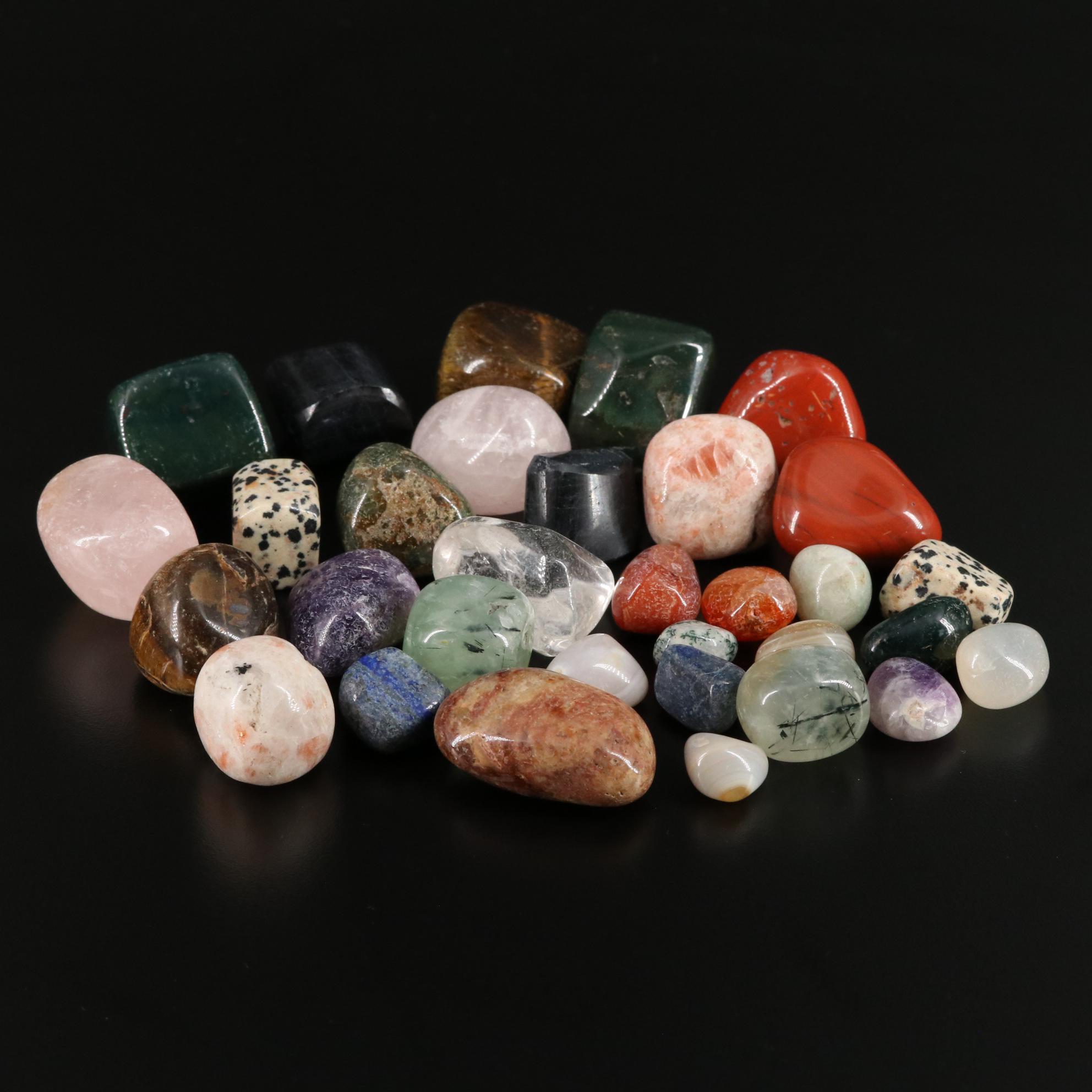 Polished Bloodstone, Tiger's Eye, and Prehnite Stones