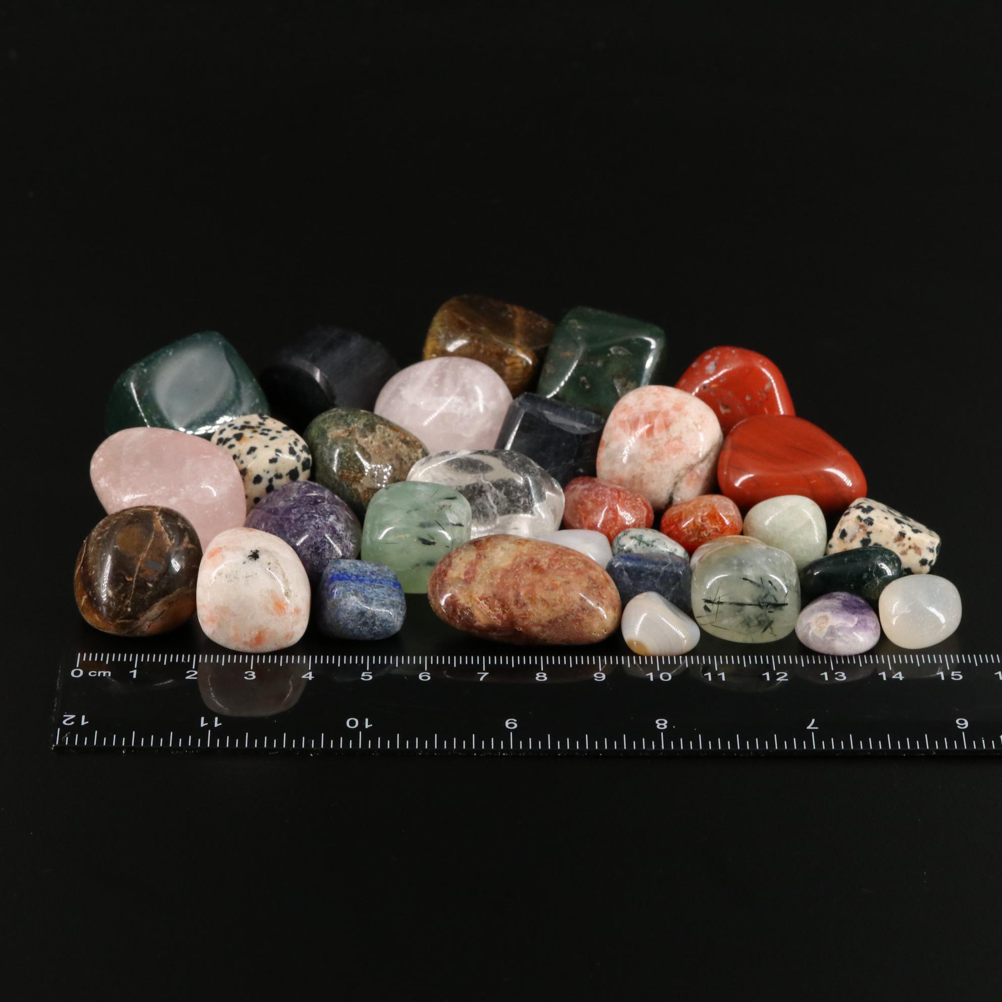 Polished Bloodstone, Tiger's Eye, and Prehnite Stones