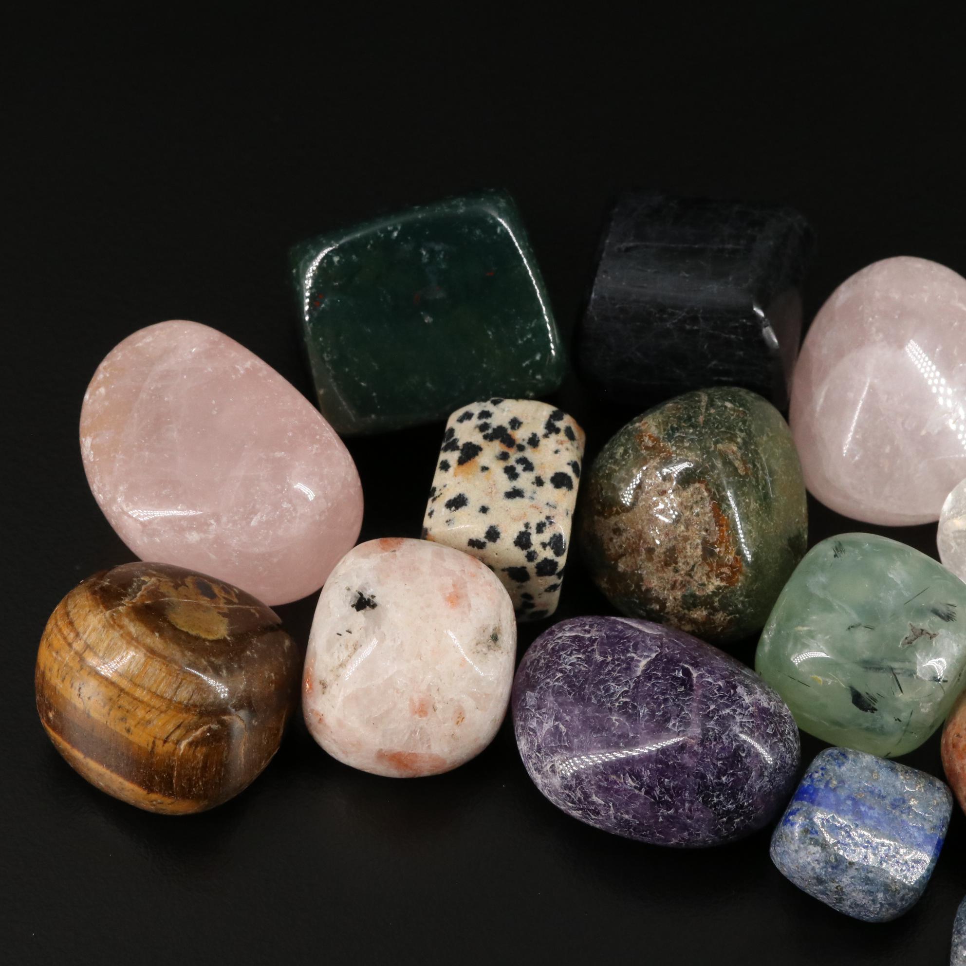 Polished Bloodstone, Tiger's Eye, and Prehnite Stones