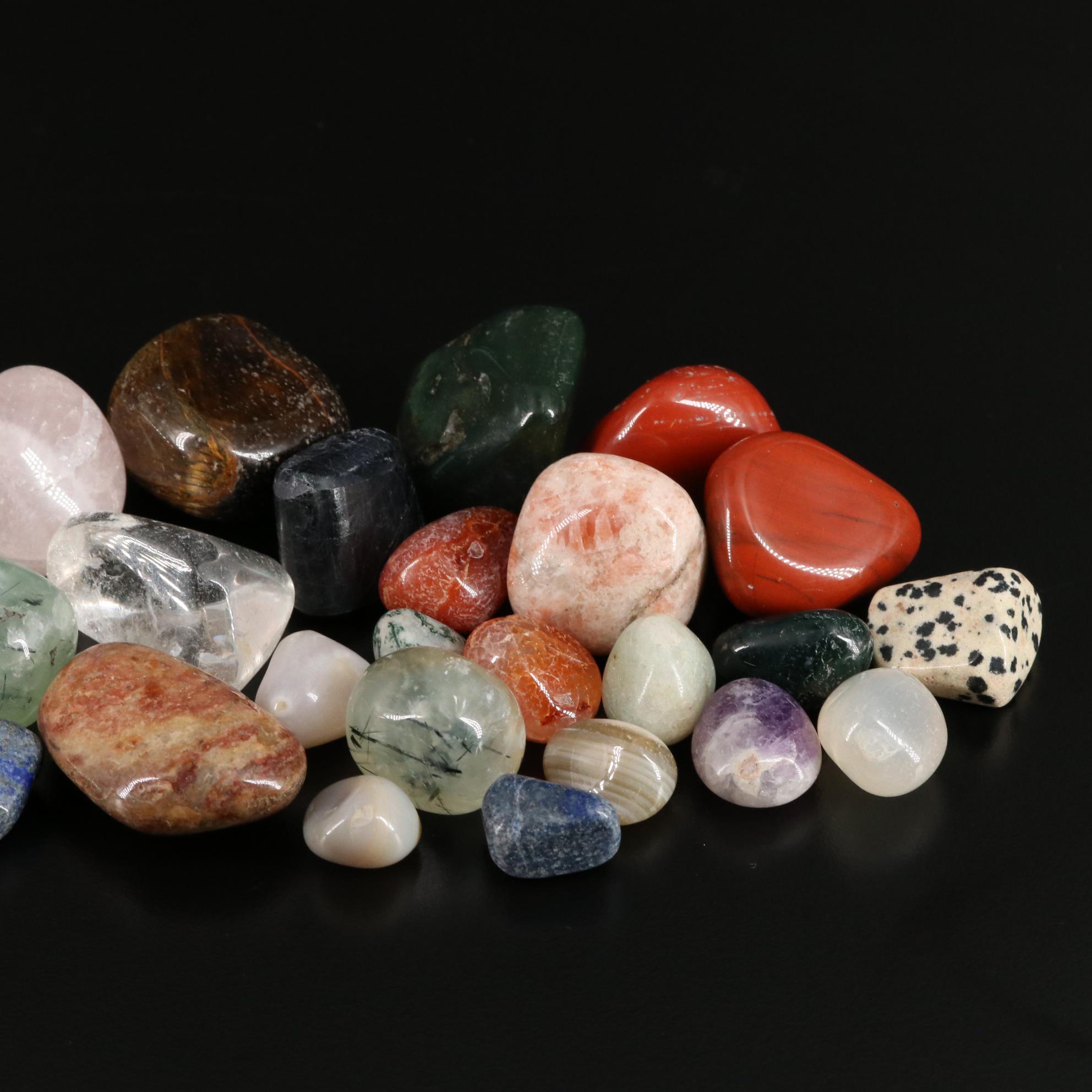 Polished Bloodstone, Tiger's Eye, and Prehnite Stones