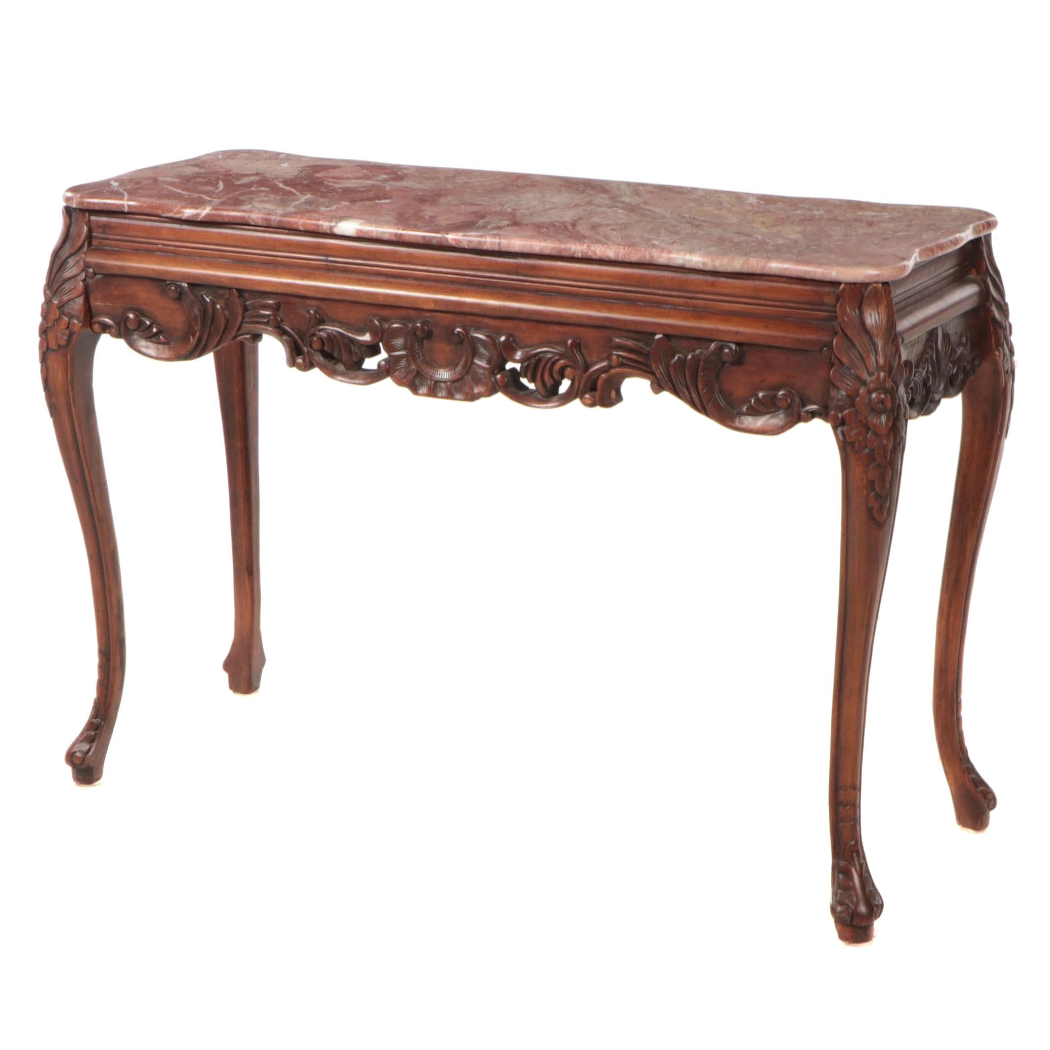 Louis XV Style Carved Hardwood and Marble Top Console Table