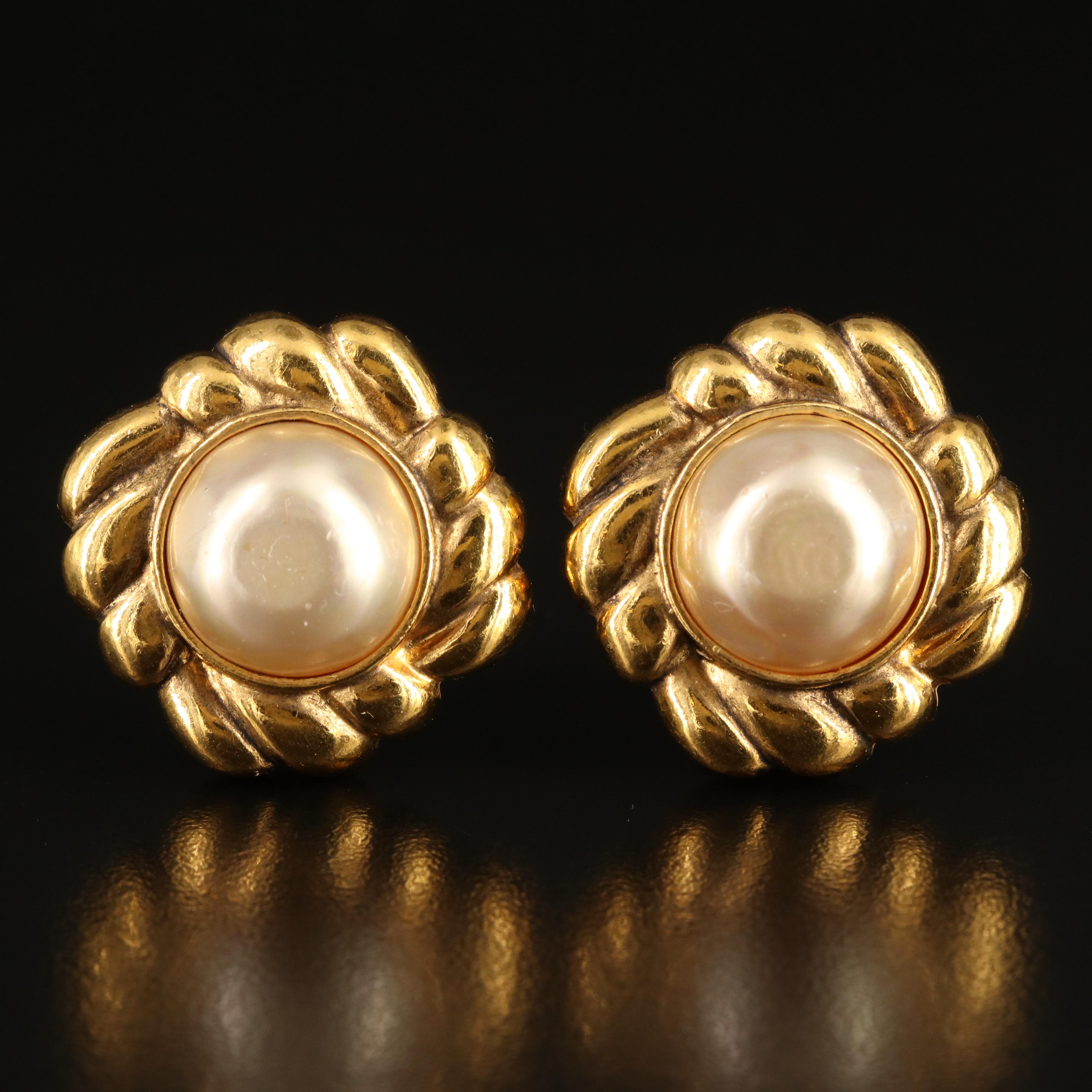 Chanel Faux Pearl Button Earrings