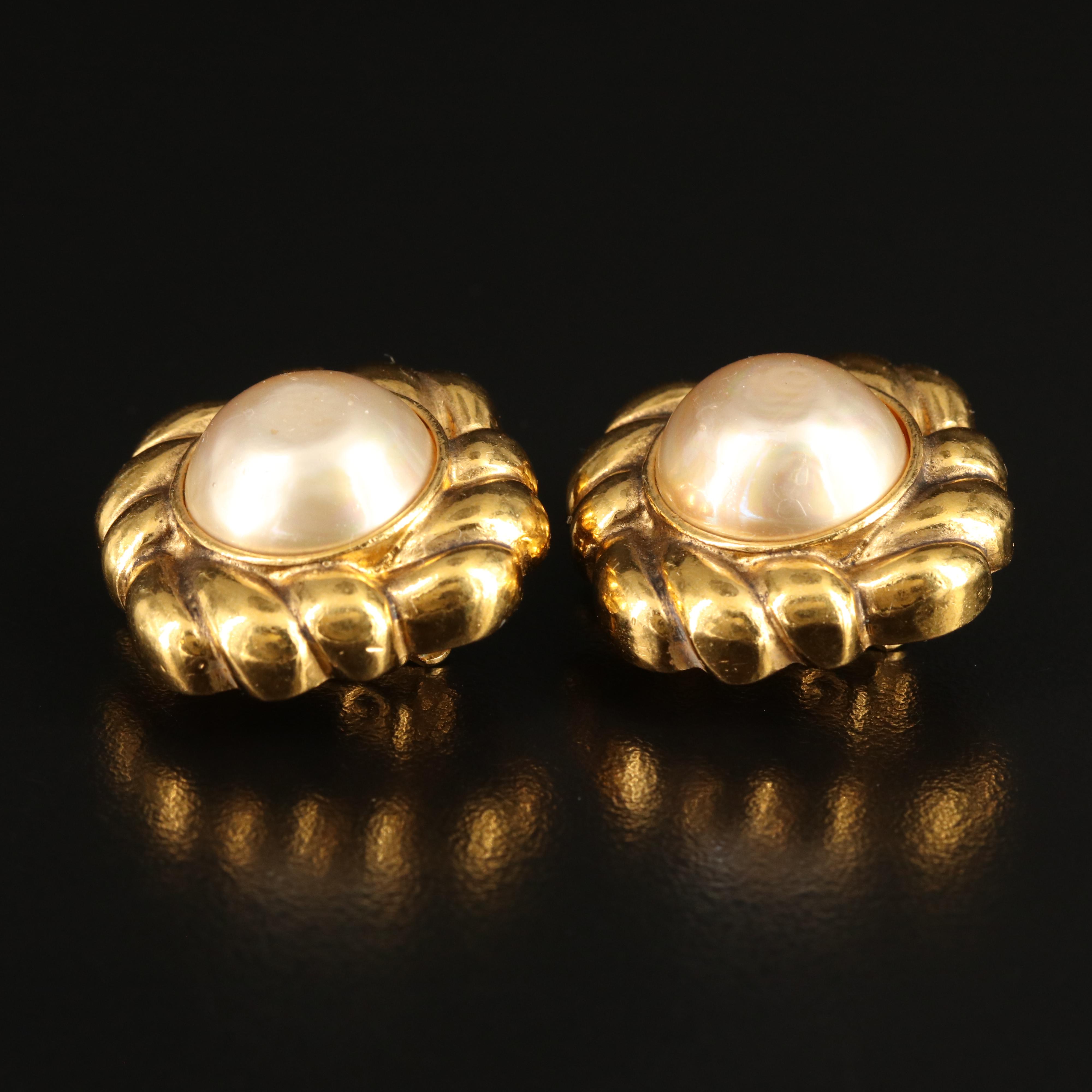 Chanel Faux Pearl Button Earrings