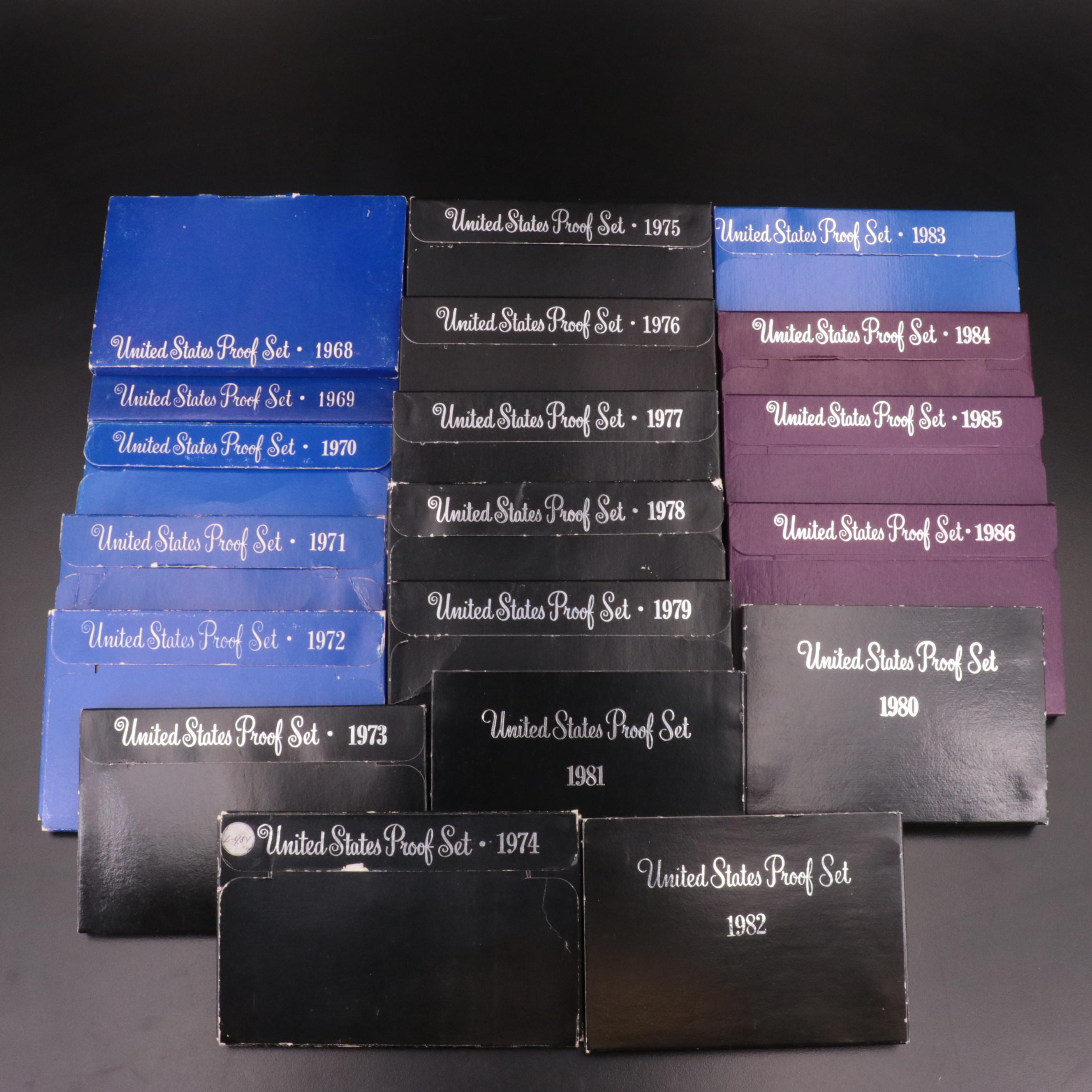 Nineteen Different U.S. Mint Proof Sets, 1968–1986