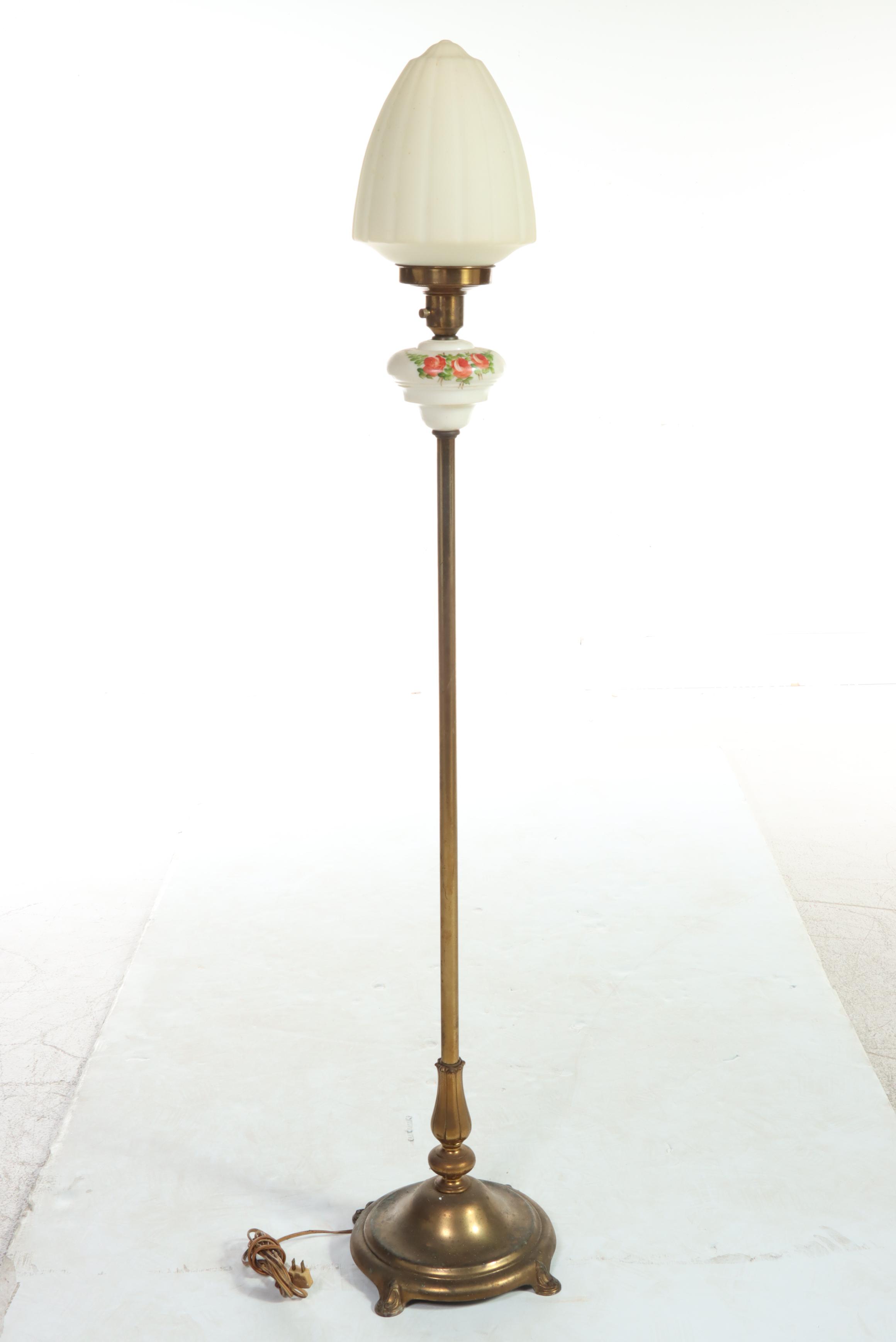 Art Deco Hand-Painted Glass and Metal Floor Lamp, Early 20th Century