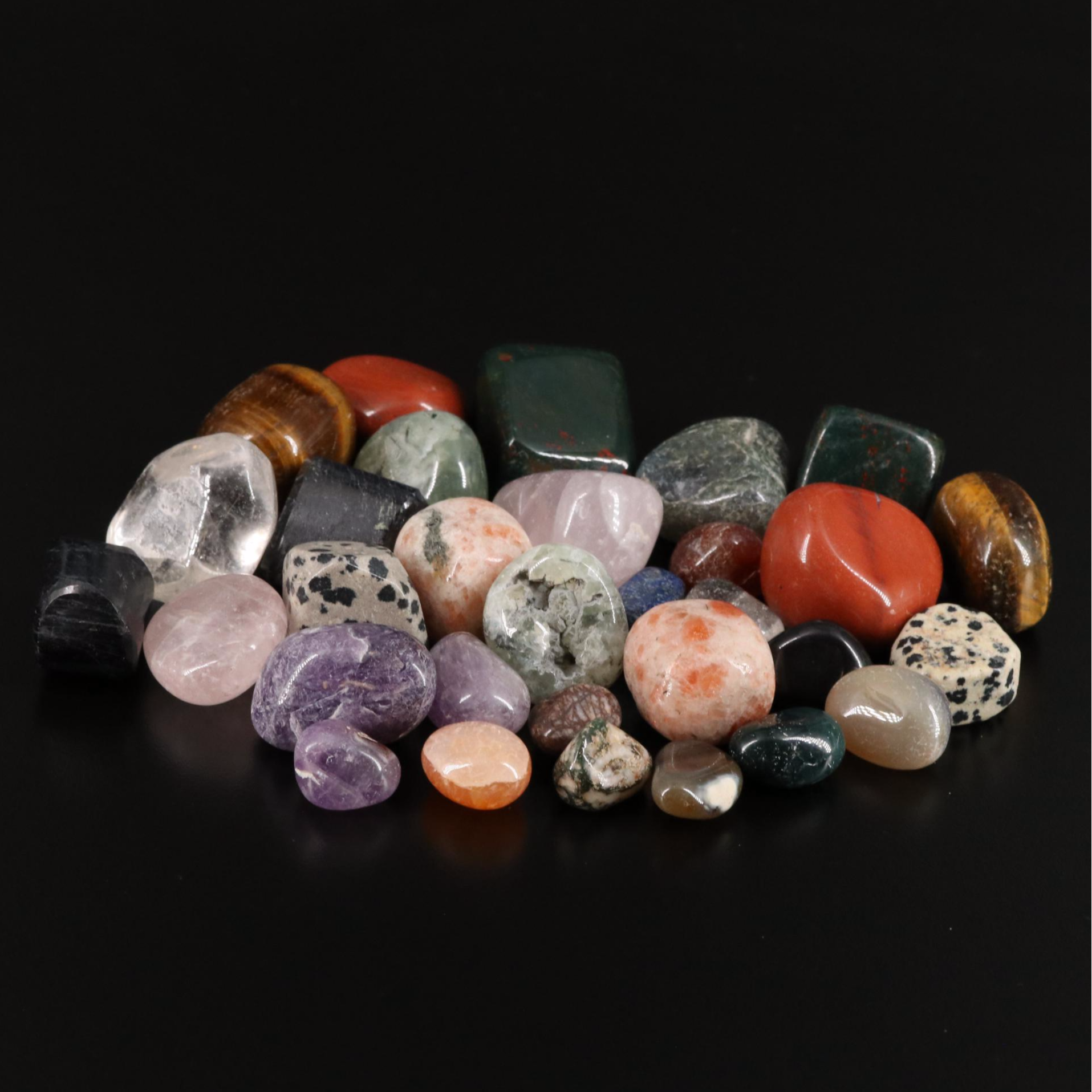 Polished Prehnite, Bloodstone, and Dalmatian Jasper Stones