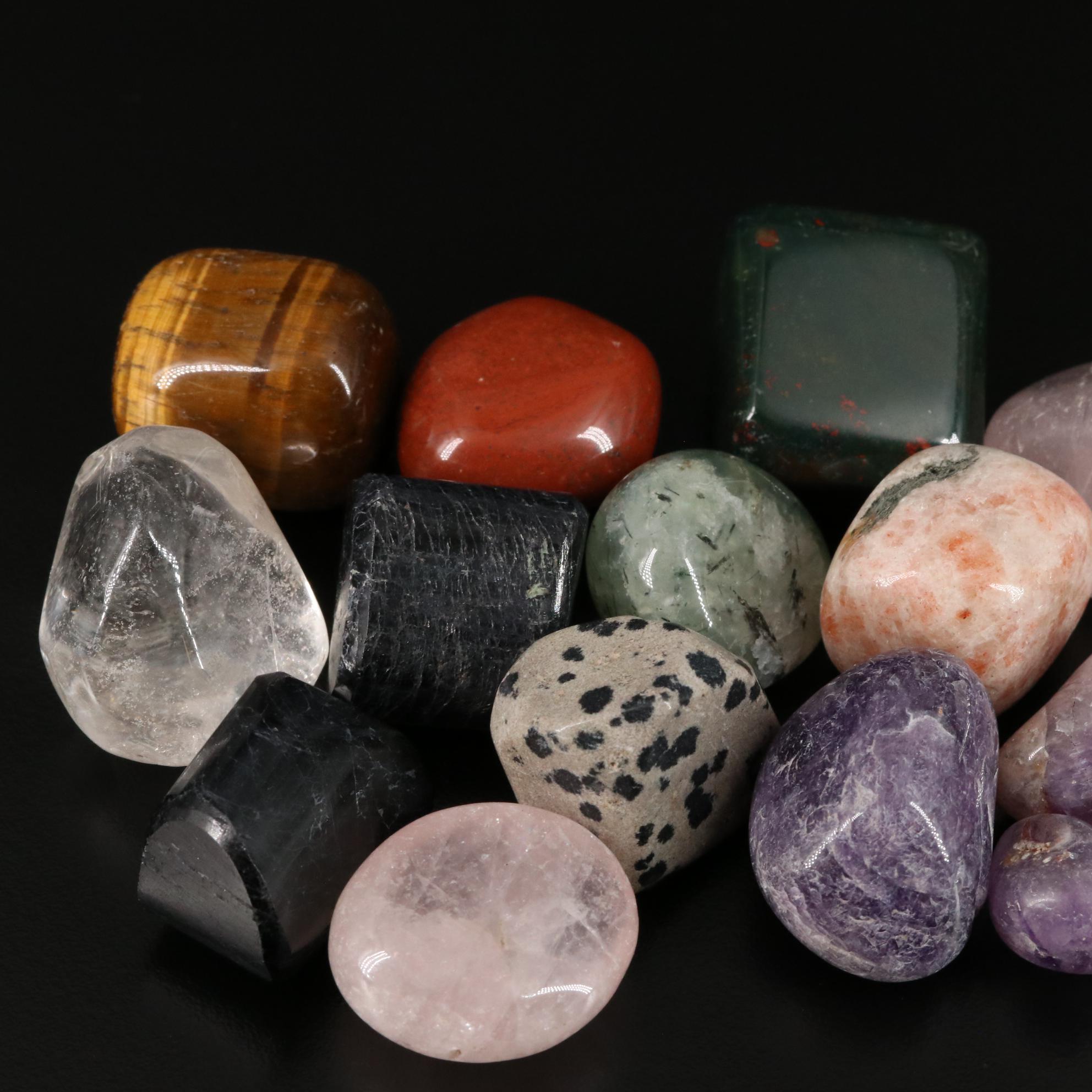 Polished Prehnite, Bloodstone, and Dalmatian Jasper Stones