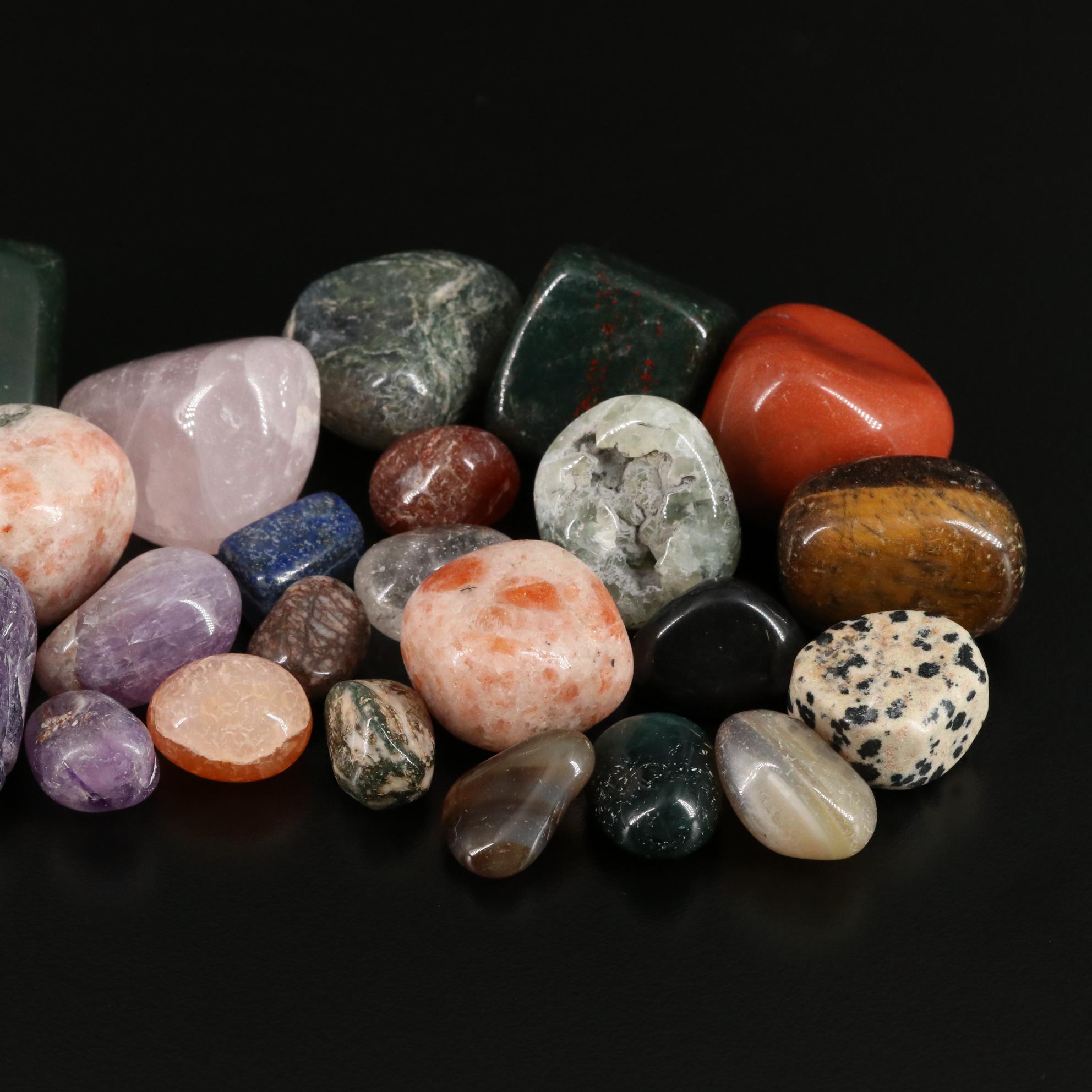 Polished Prehnite, Bloodstone, and Dalmatian Jasper Stones