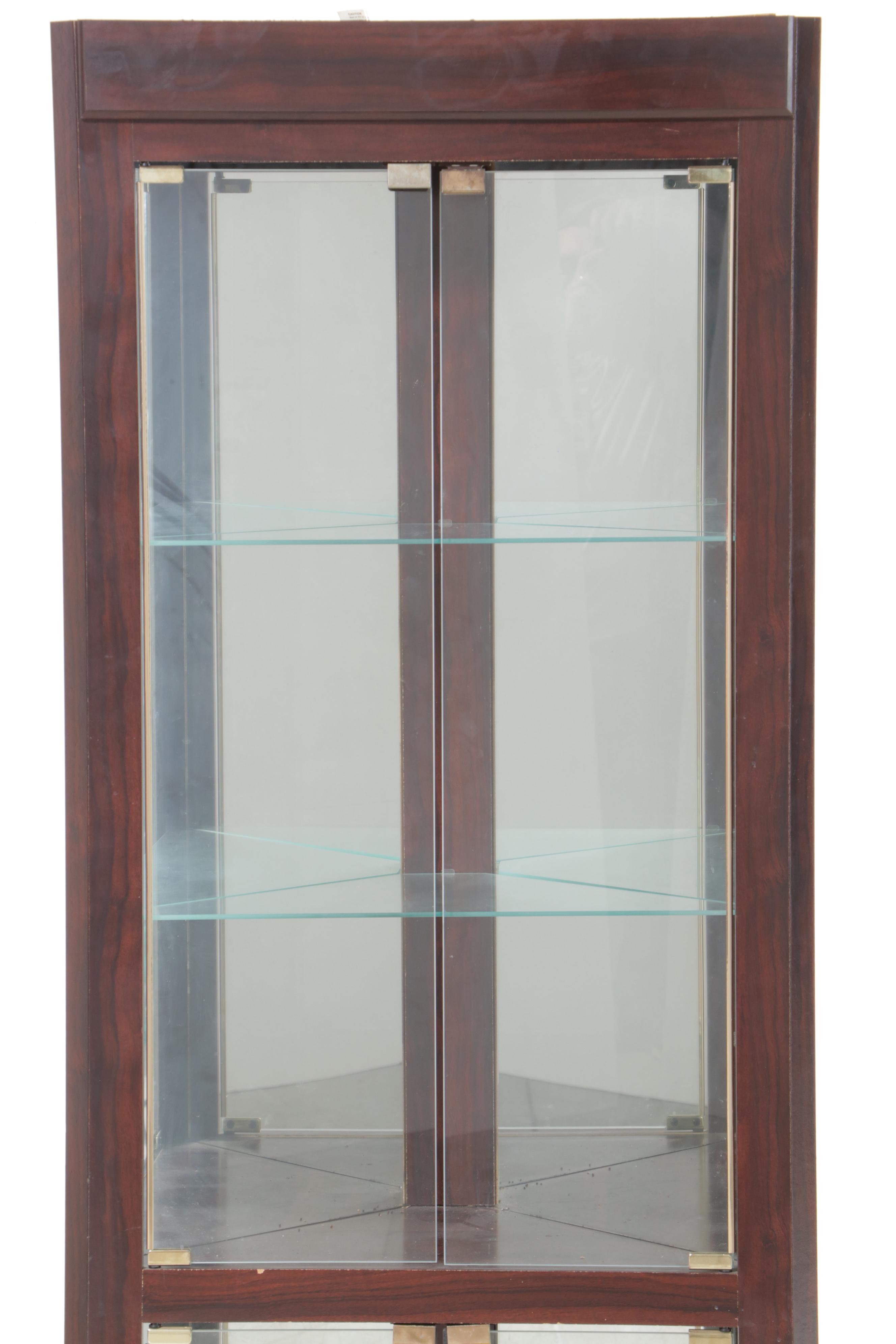 Mahogany-Grained Laminate Corner Display Cabinet, Late 20th Century