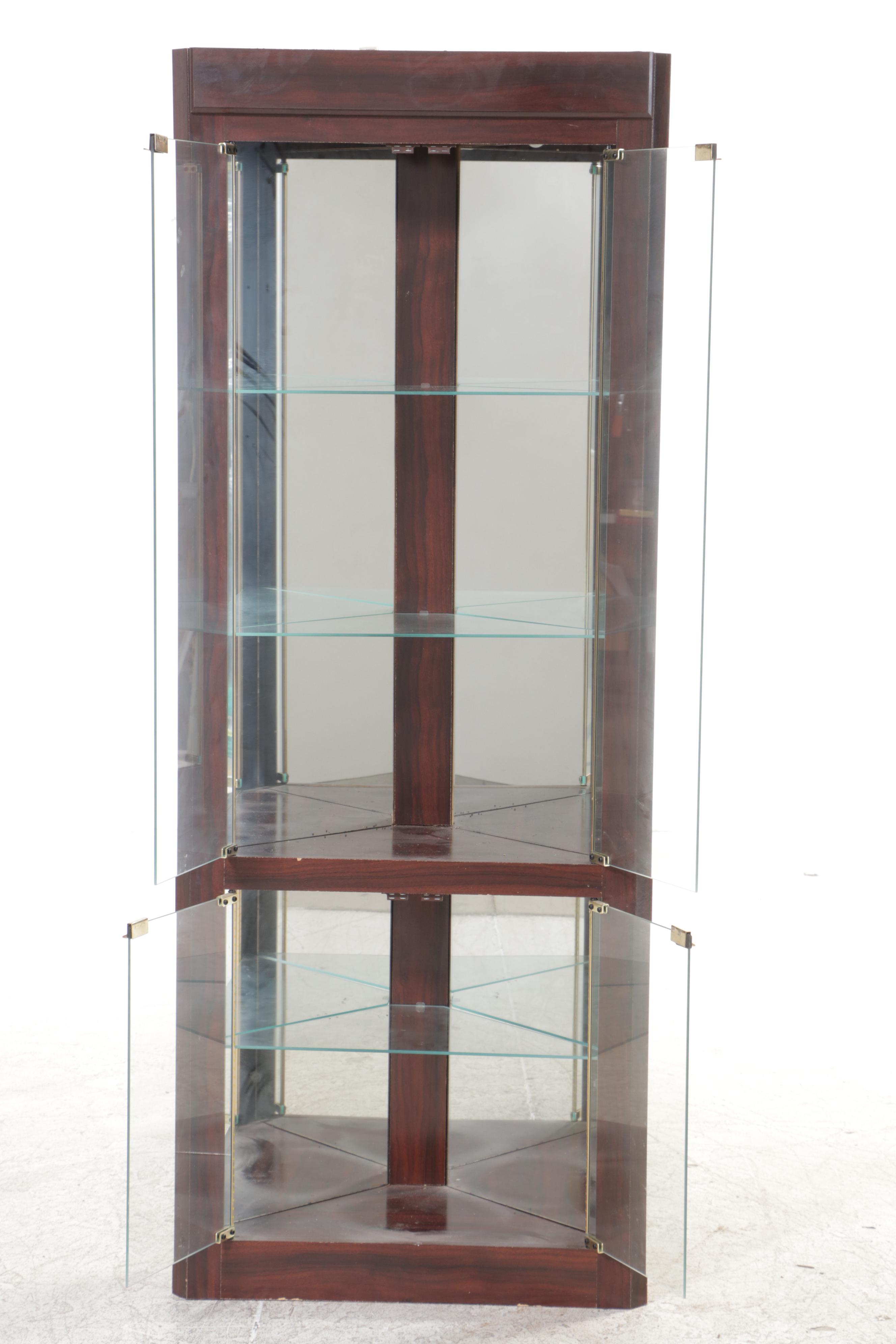 Mahogany-Grained Laminate Corner Display Cabinet, Late 20th Century