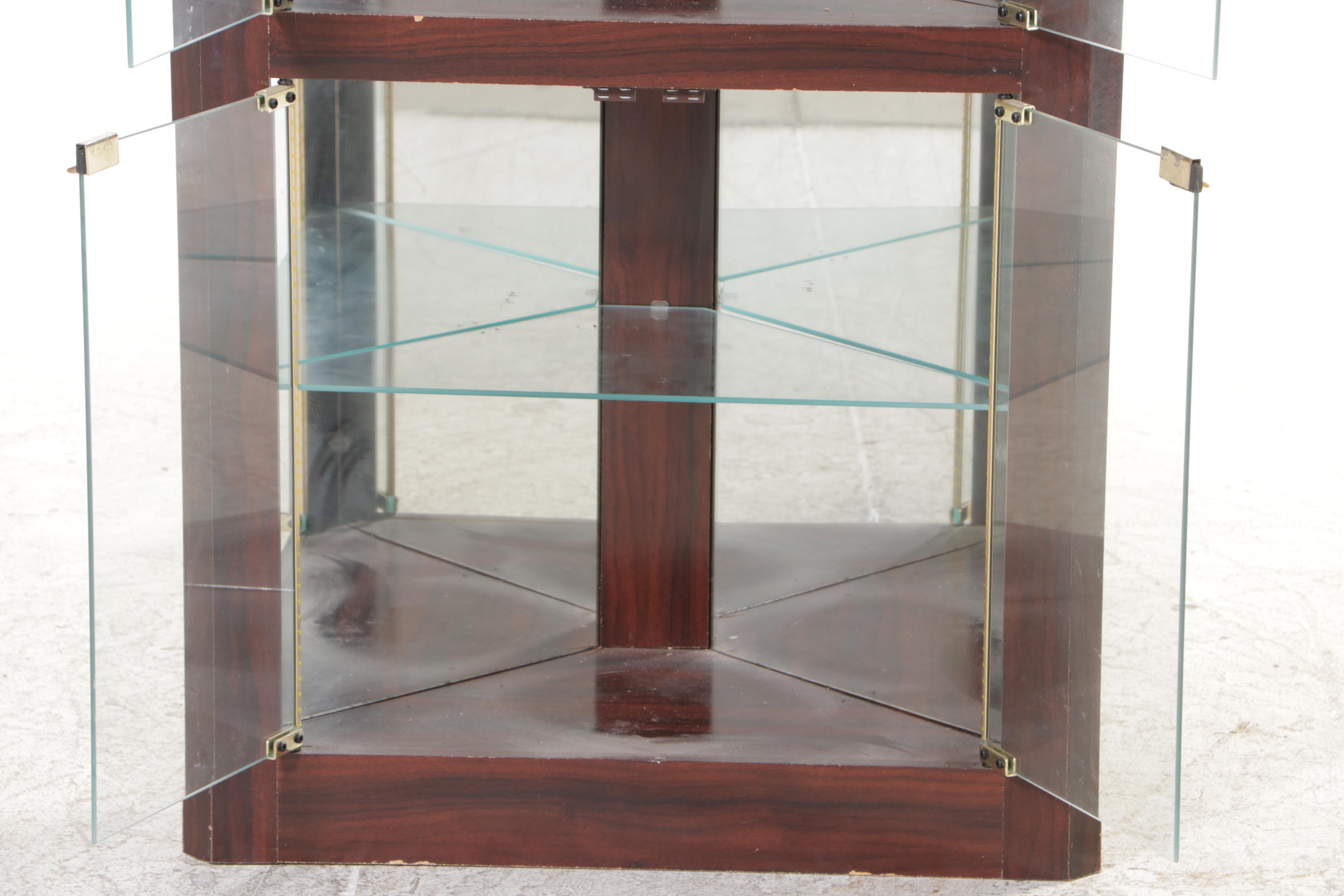 Mahogany-Grained Laminate Corner Display Cabinet, Late 20th Century