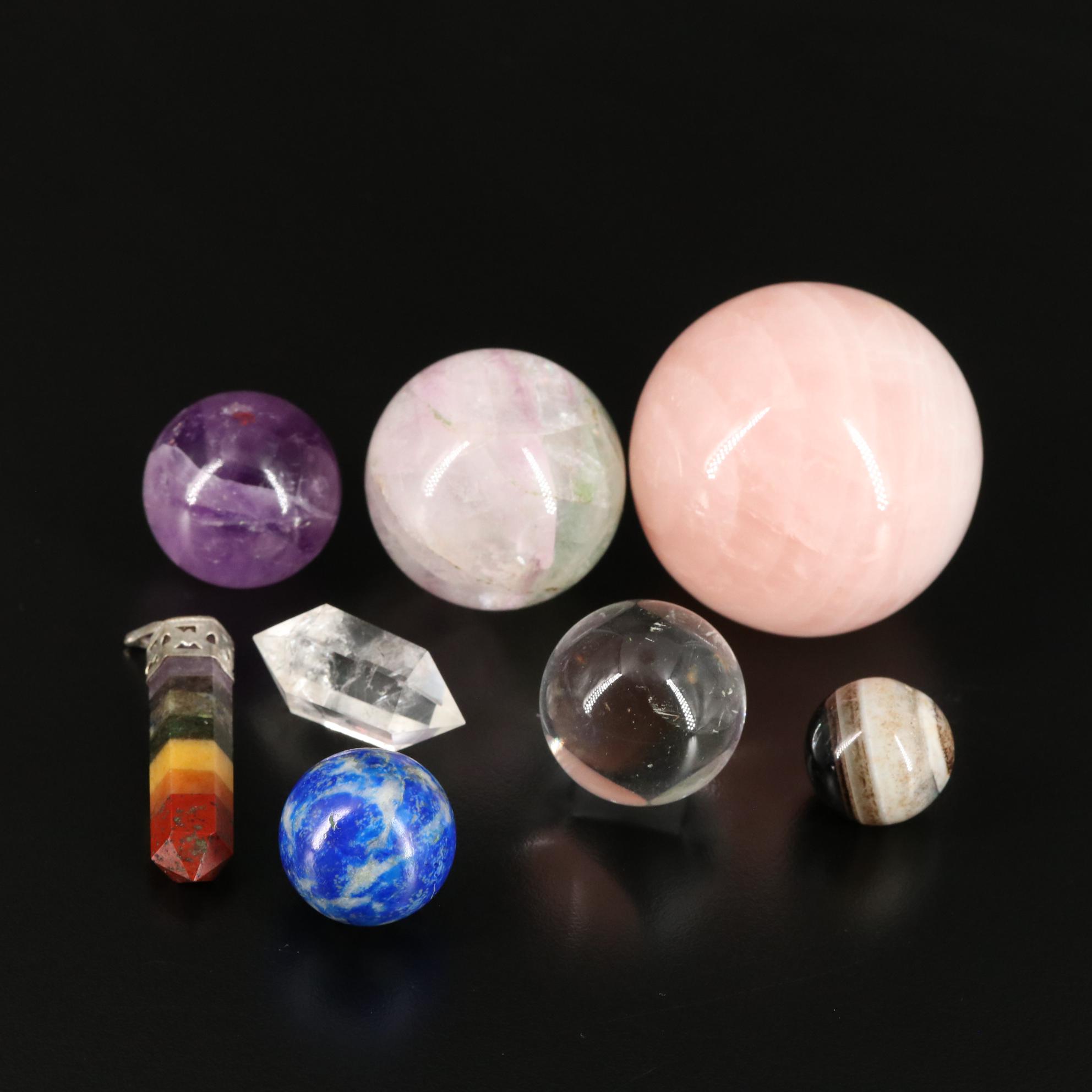 Loose Amethyst, Rock Crystal Quartz and Rose Quartz Orbs
