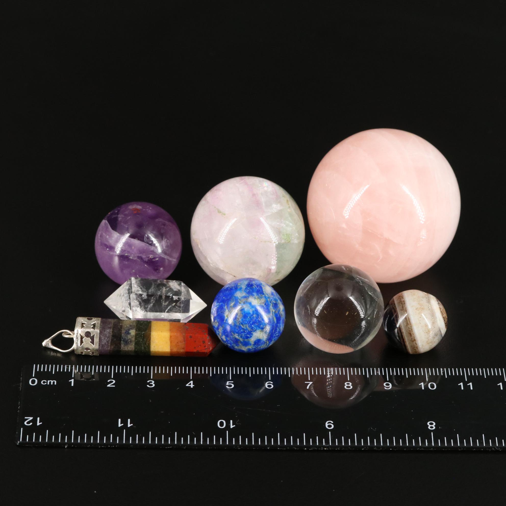 Loose Amethyst, Rock Crystal Quartz and Rose Quartz Orbs