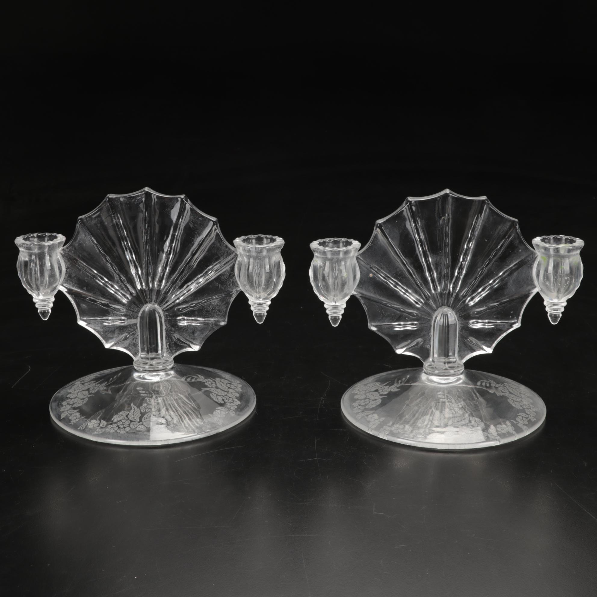 New Martinsville "Radiance" Glass Dual Candlesticks with Eales Pewter Snuffer