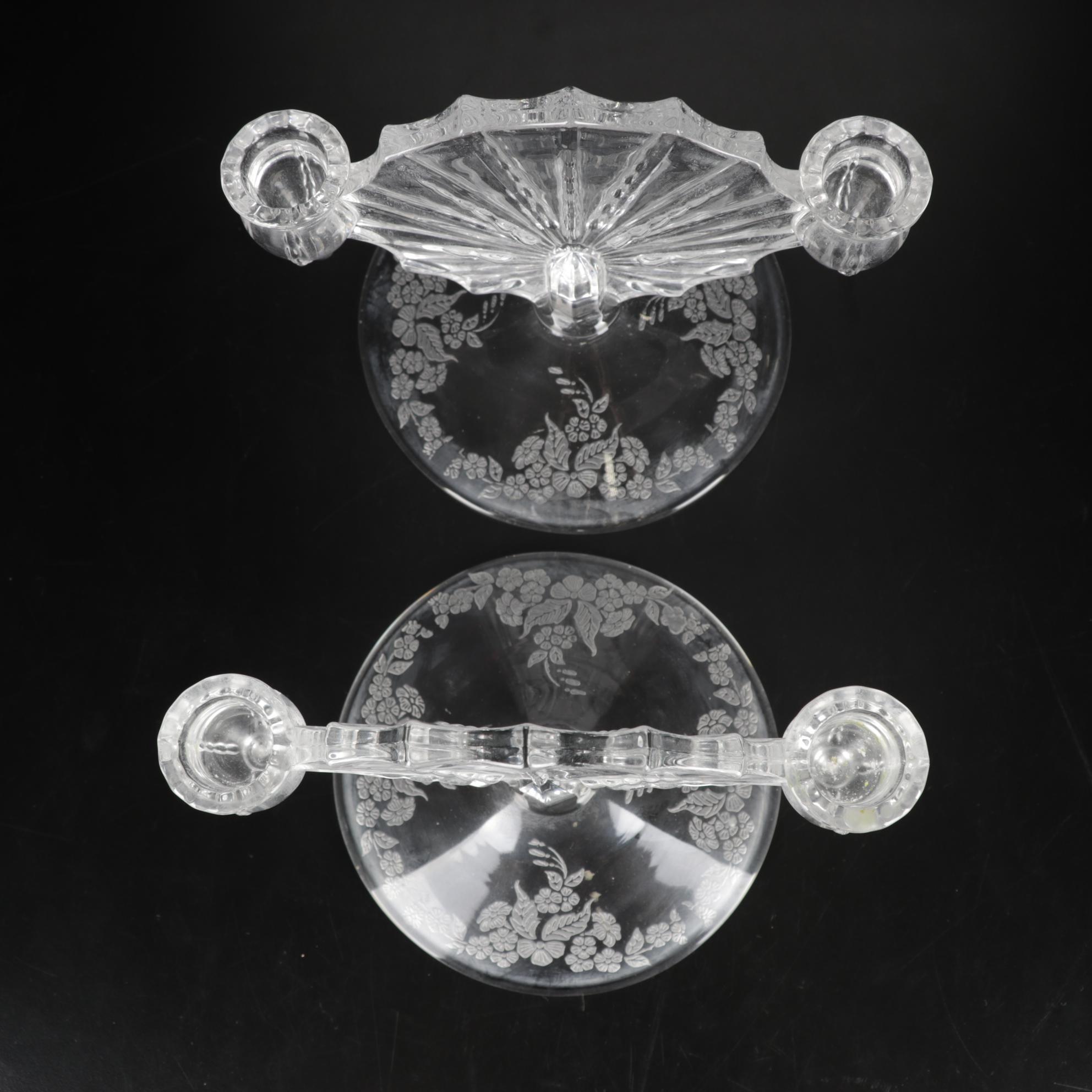 New Martinsville "Radiance" Glass Dual Candlesticks with Eales Pewter Snuffer