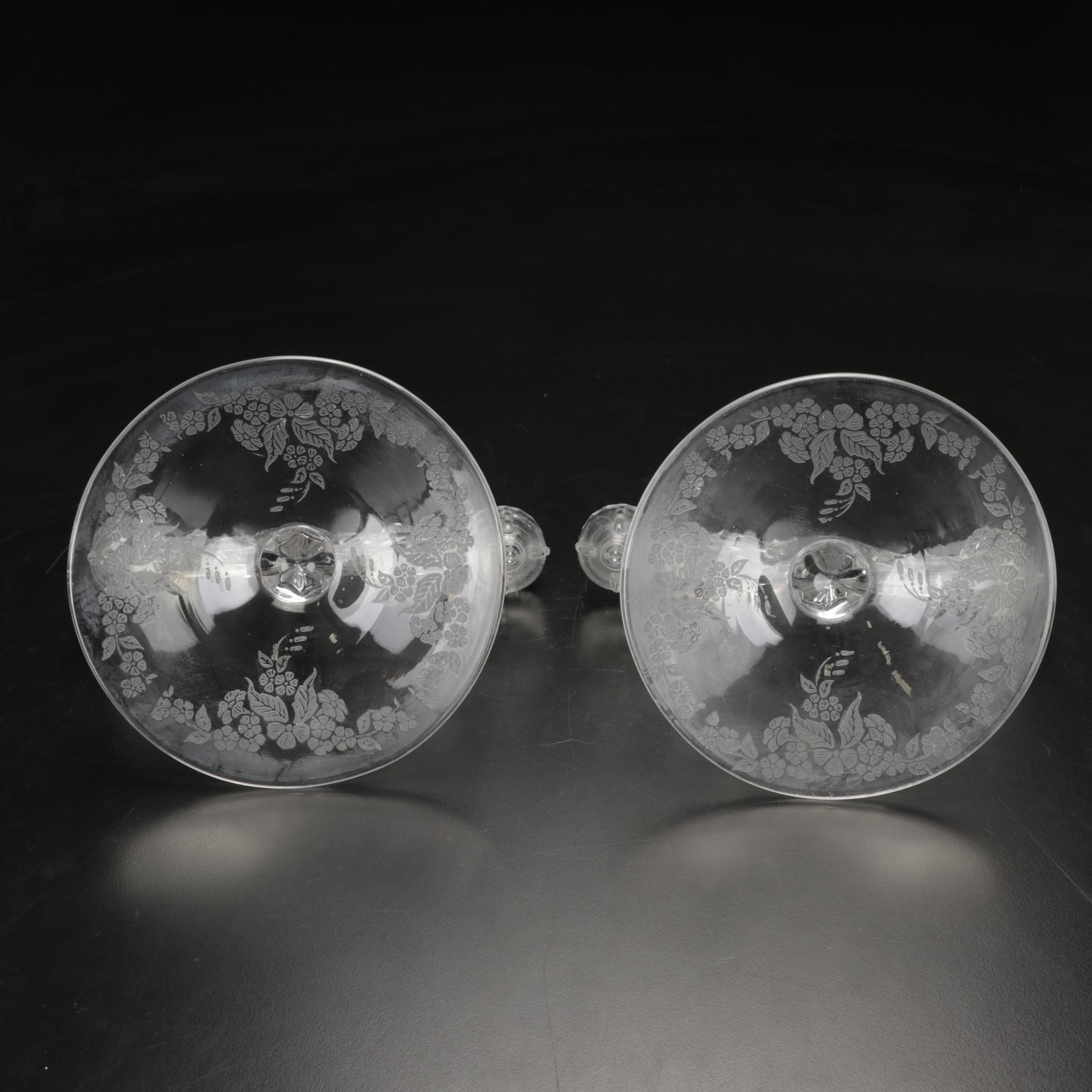 New Martinsville "Radiance" Glass Dual Candlesticks with Eales Pewter Snuffer